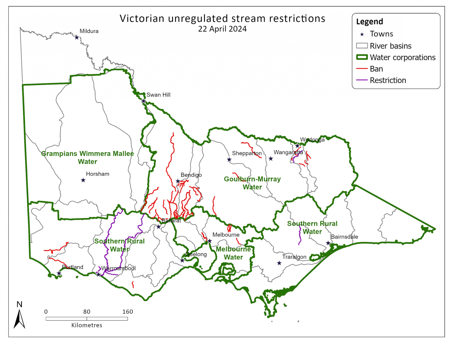 Map of Victorian unregulated stream restrictions as at 22 April 2024