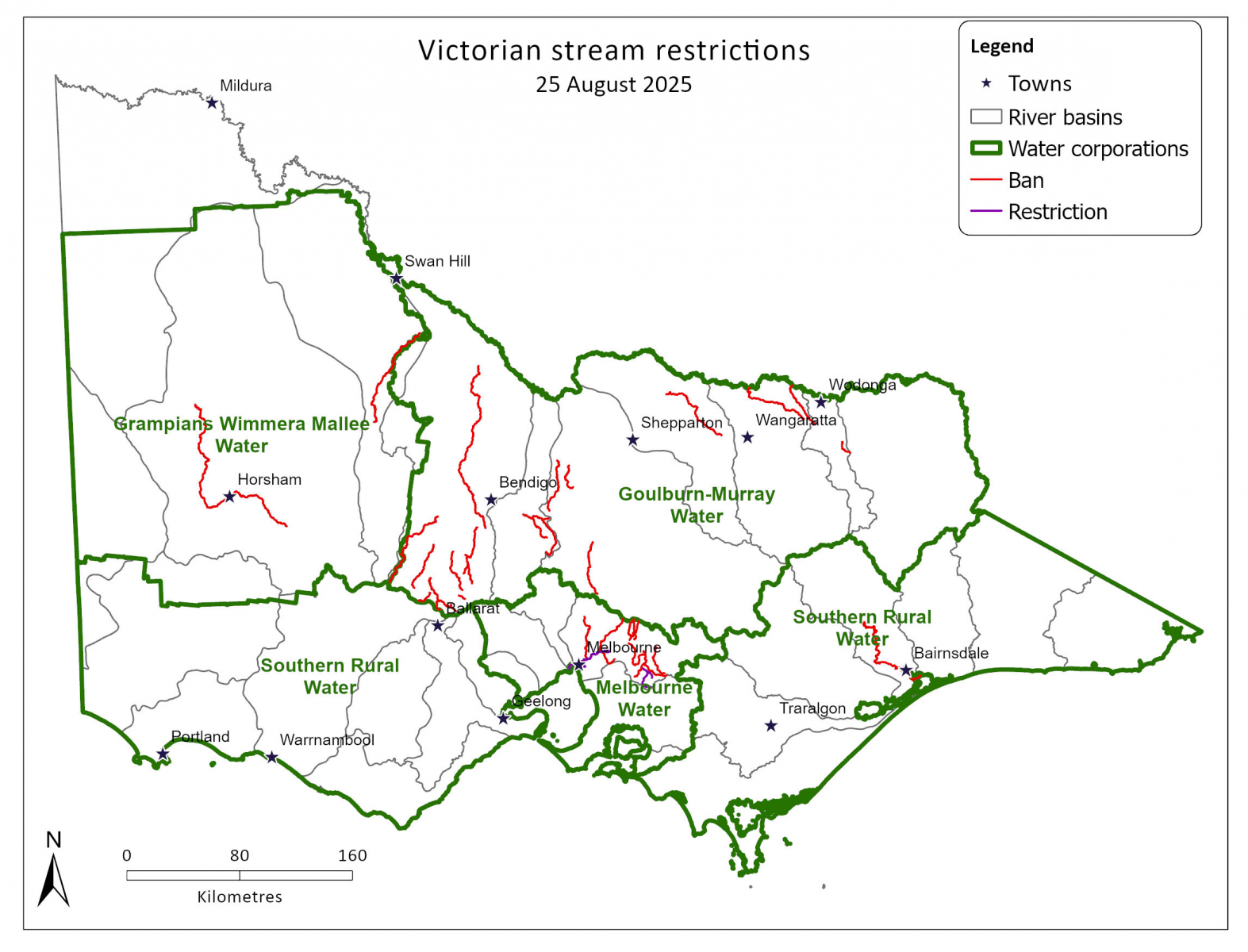 Map of Victorian stream restrictions as at 25 August 2025