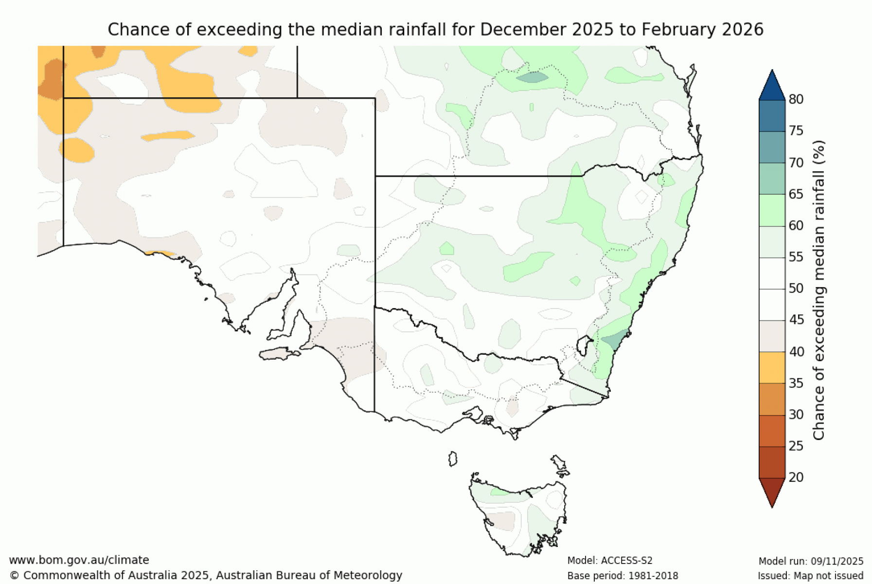 Chance of exceeding median rainfall for December 2025 to February 2026