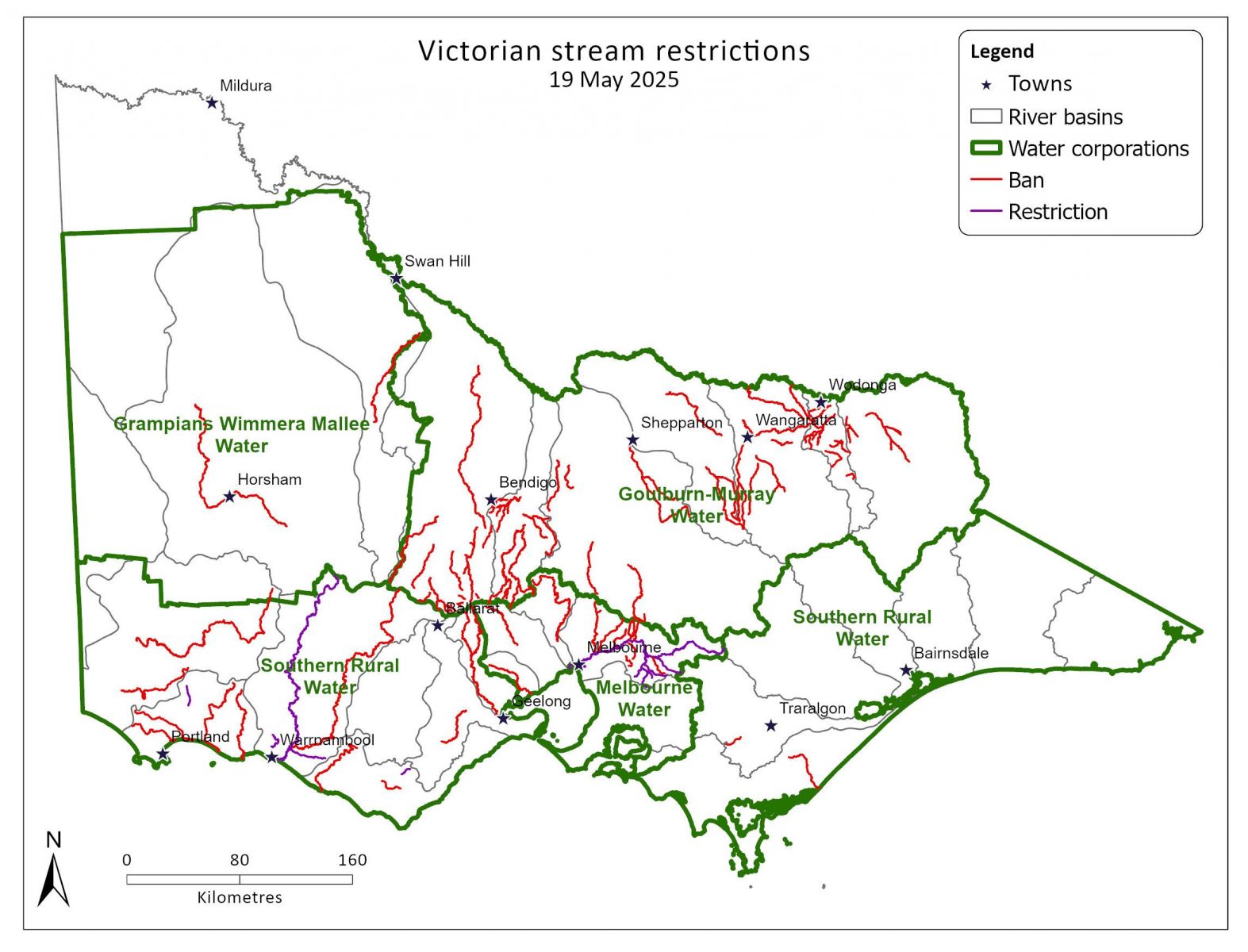 Map of Victorian stream restrictions as at 19 May 2025