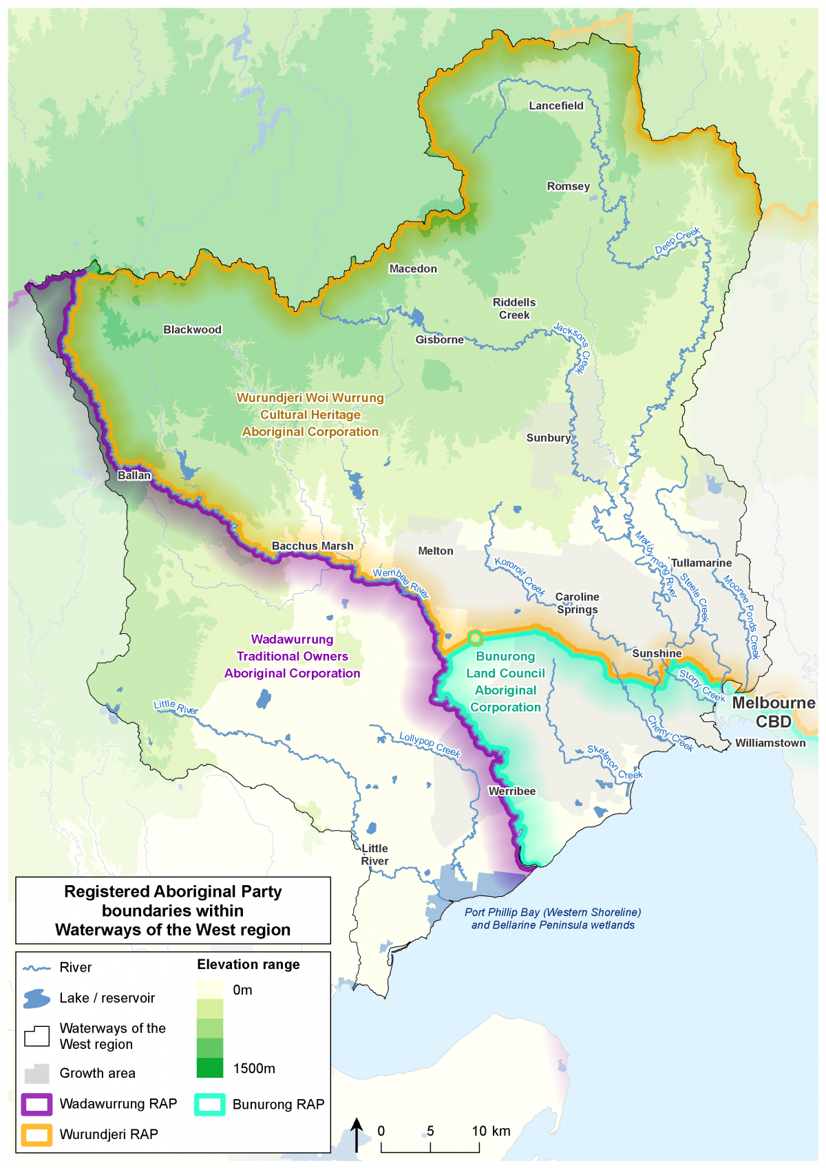 A map showing the registered Aboriginal Party boundaries within Waterways of the West region: Wadawurrung RAP, Wurundjeri RAP, Bunurong RAP