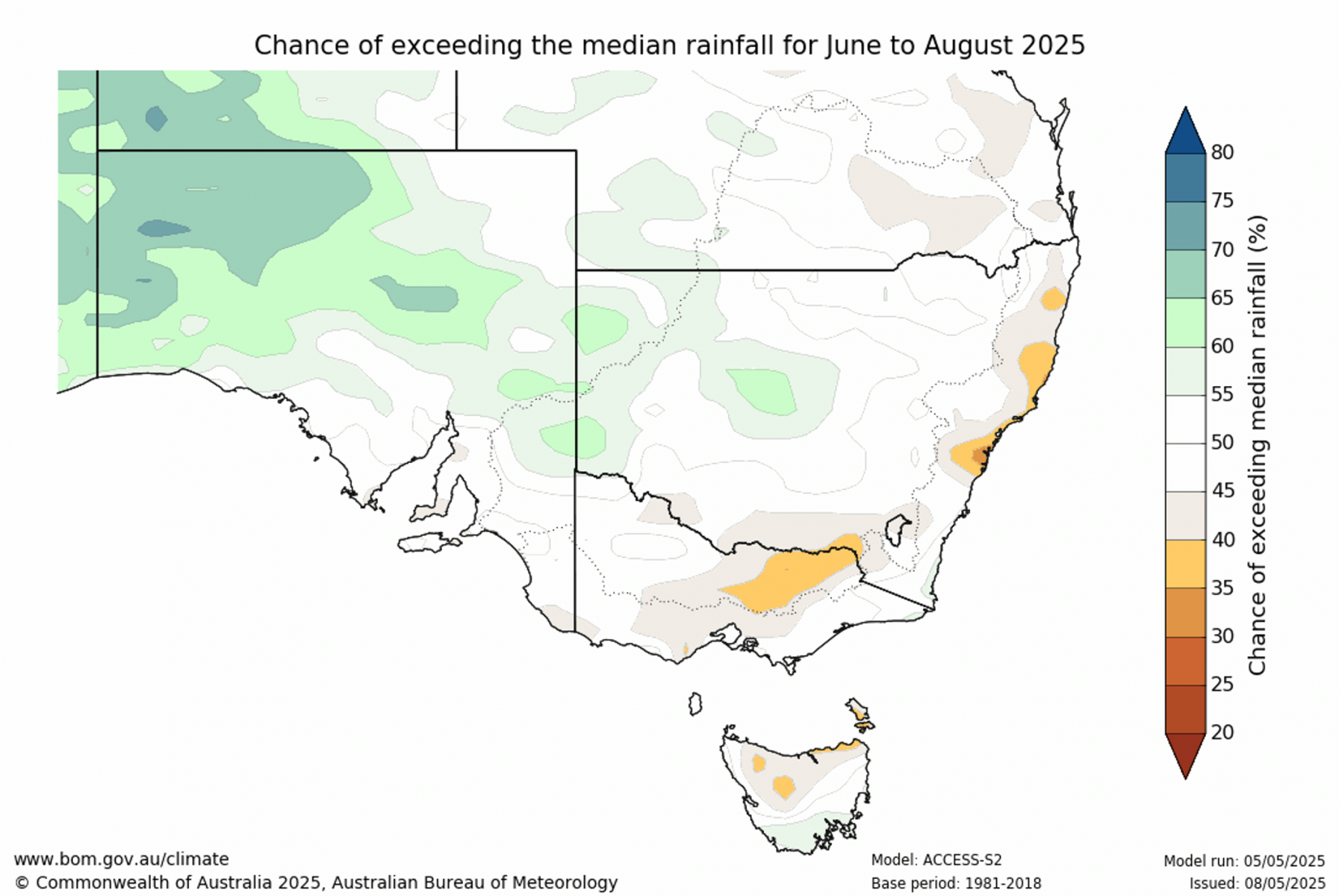 Chance of exceeding median rainfall for June to August 2025