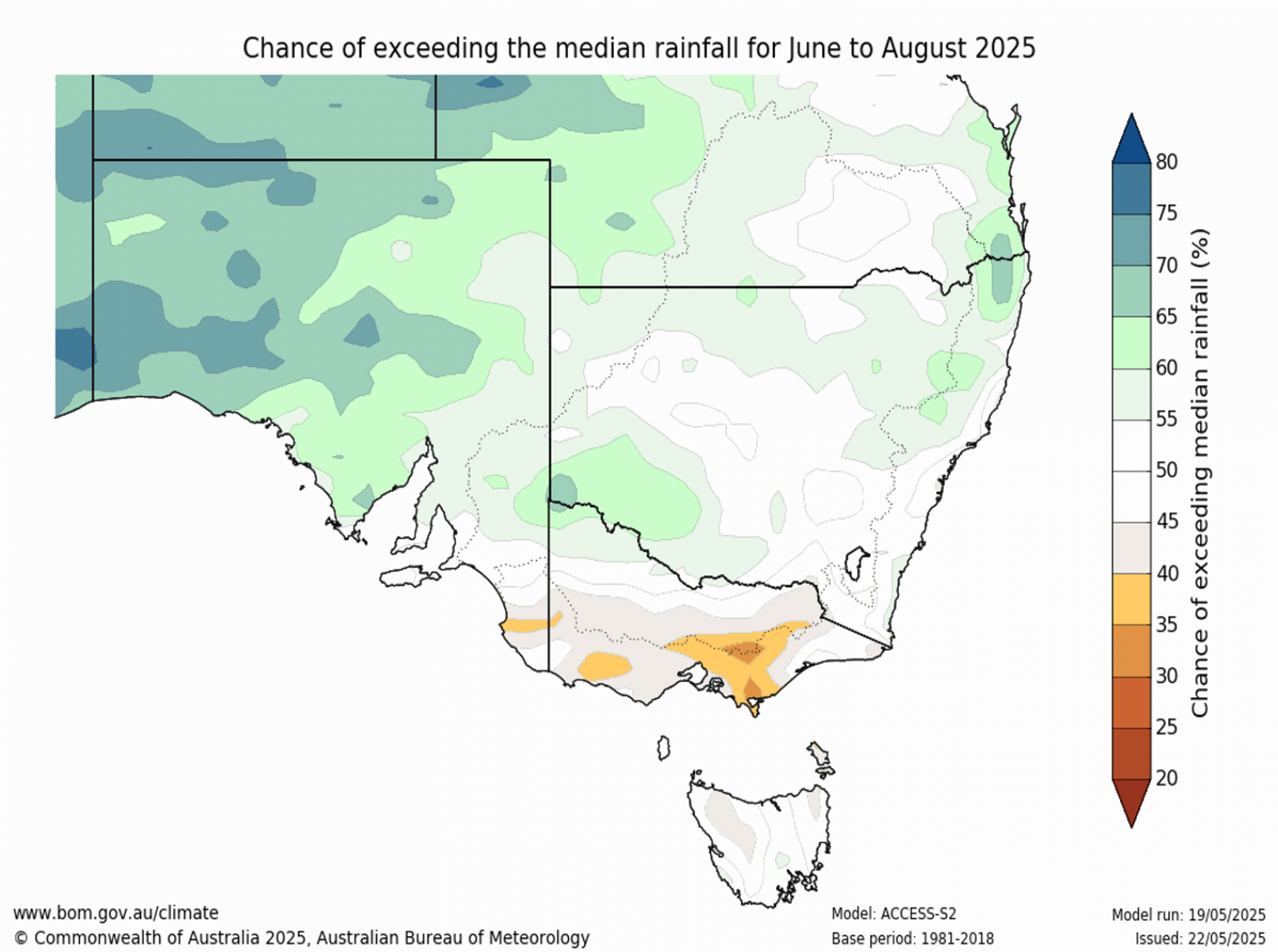 Chance of exceeding median rainfall for June to August 2025