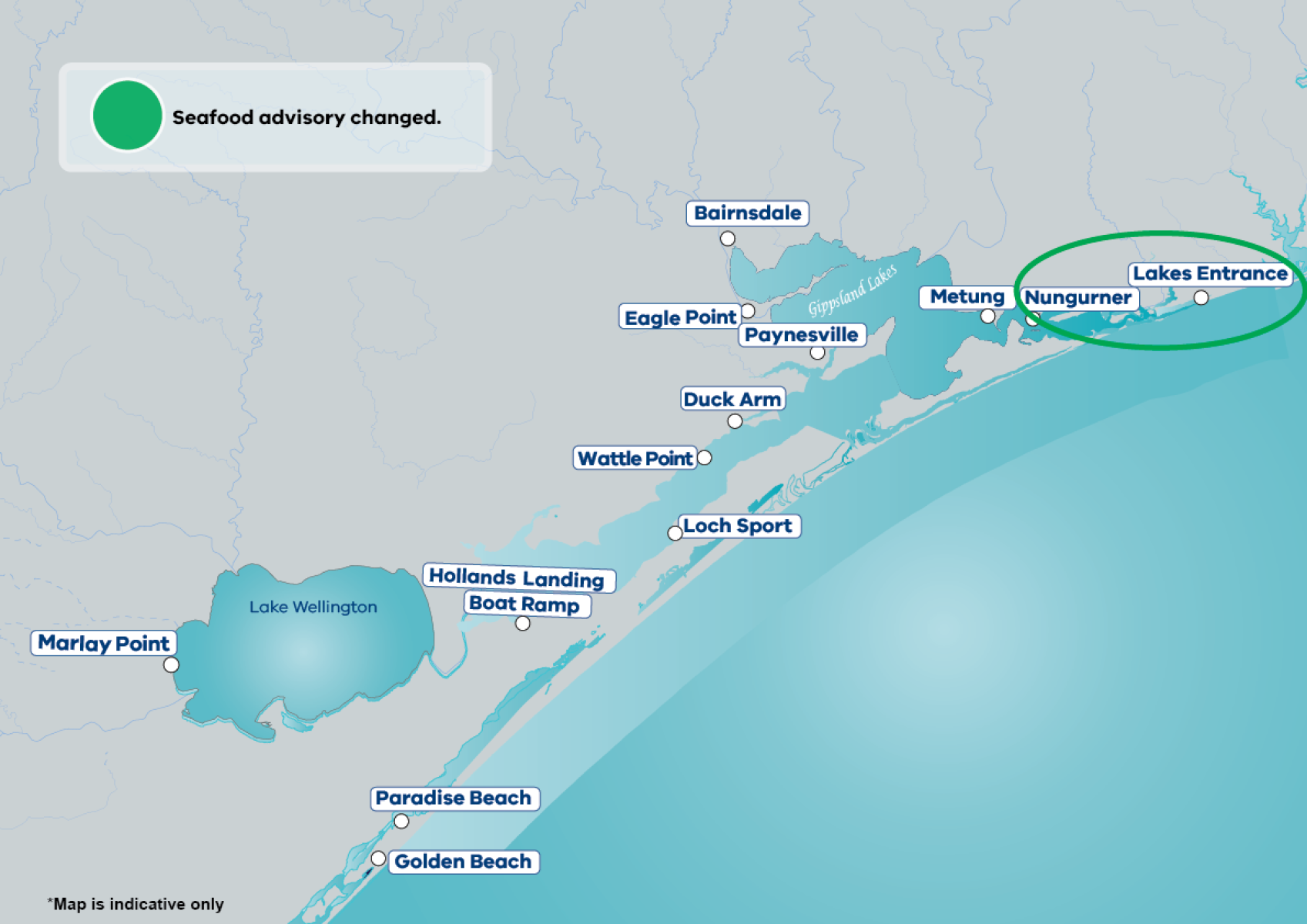  Map showing the area from Nungurner to Lakes Entrance has had the seafood advisory changed.