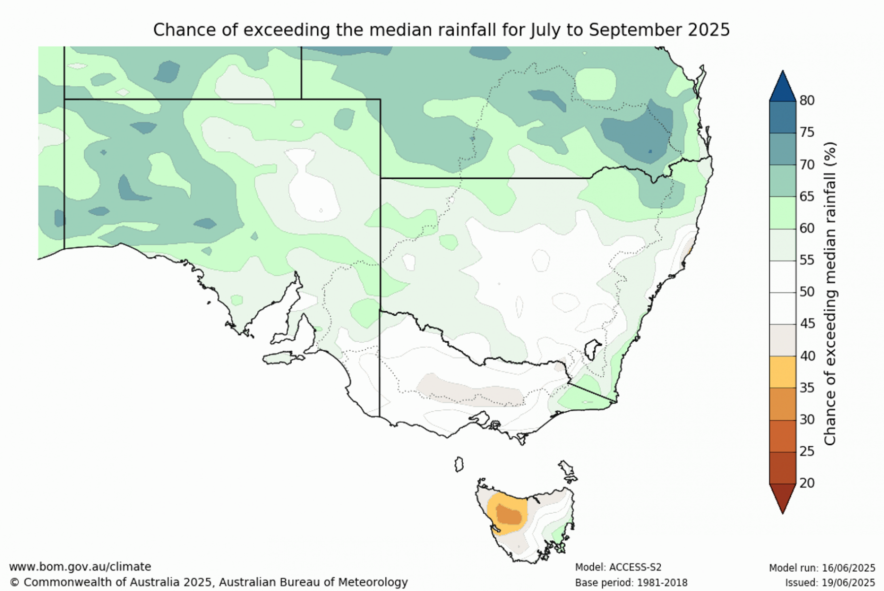 Chance of exceeding median rainfall for July to September 2025