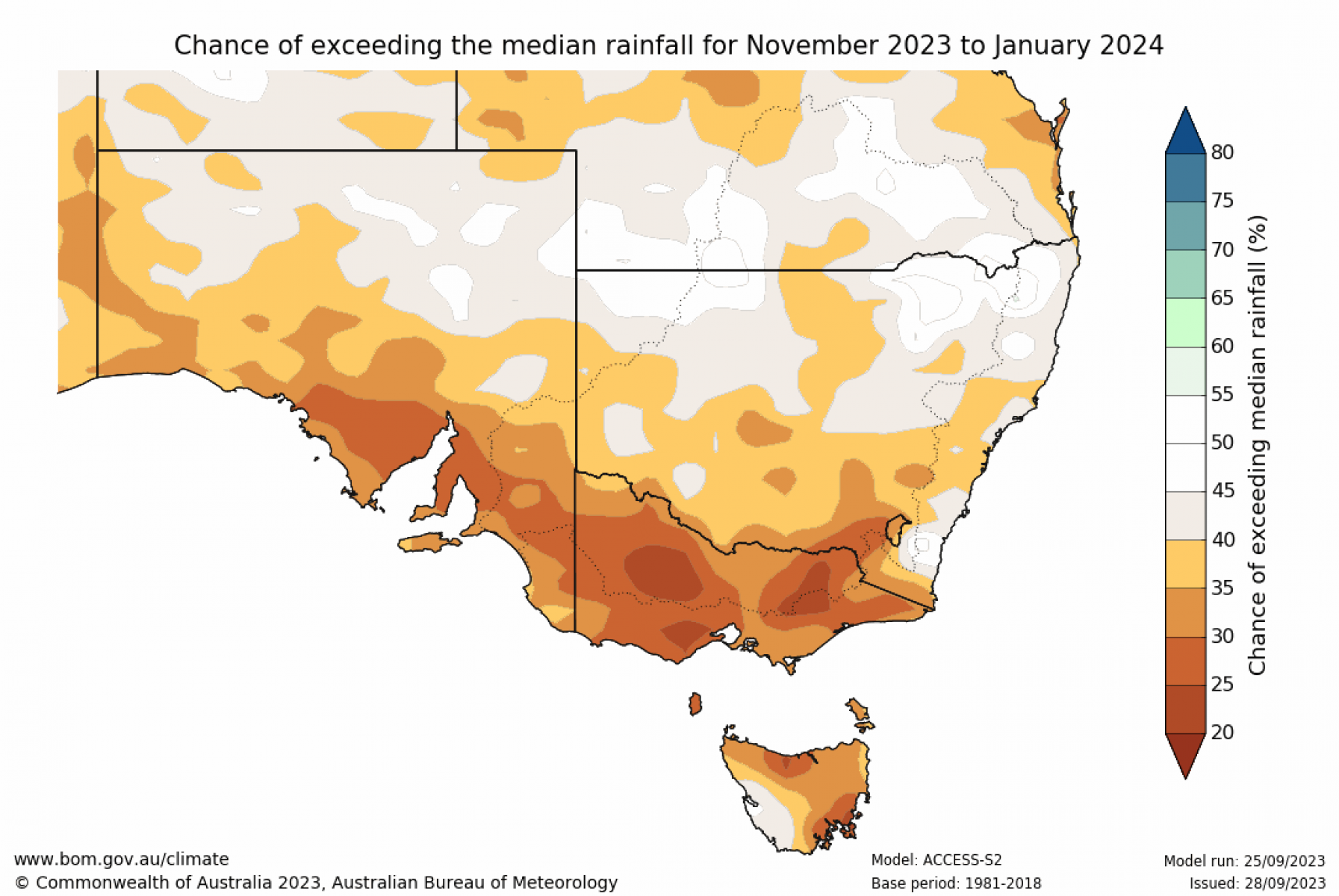 Chance of exceeding median rainfall for November to January 2023