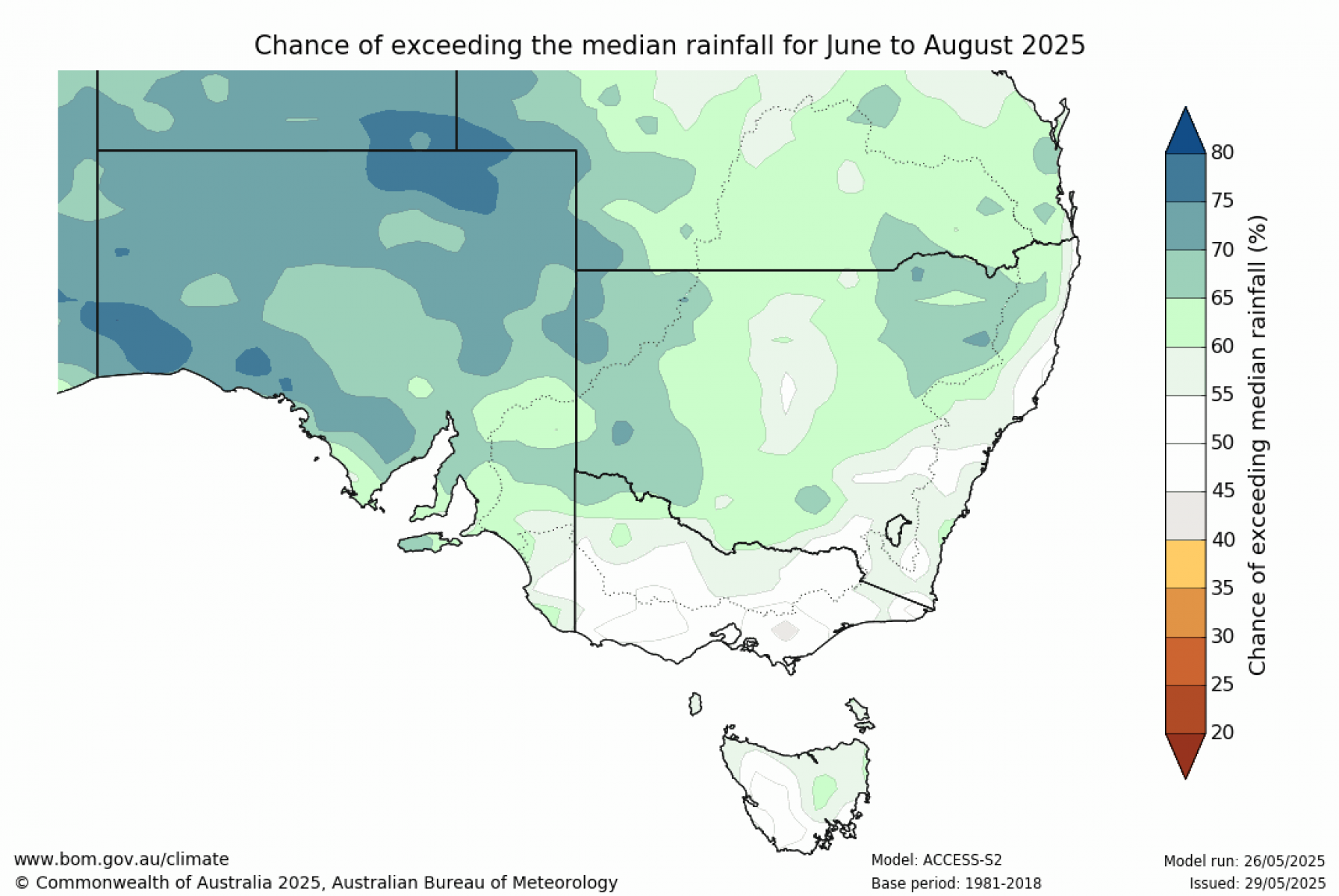 Chance of exceeding median rainfall for June to August 2025