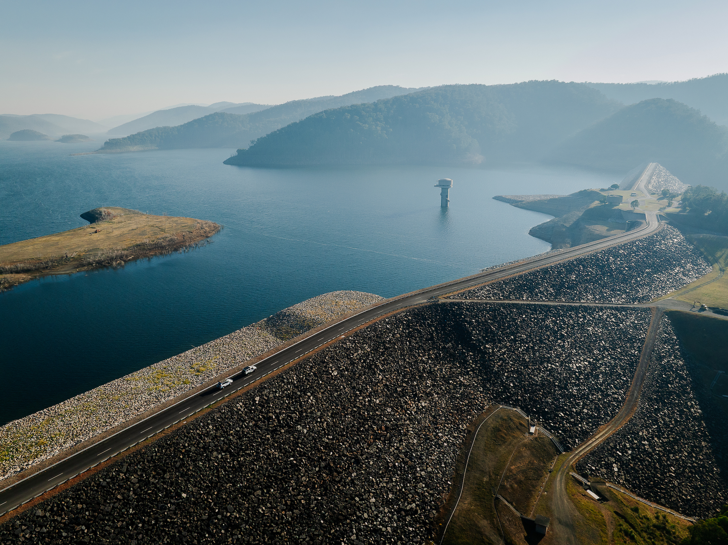 An aerial view of Thomson Dam.  