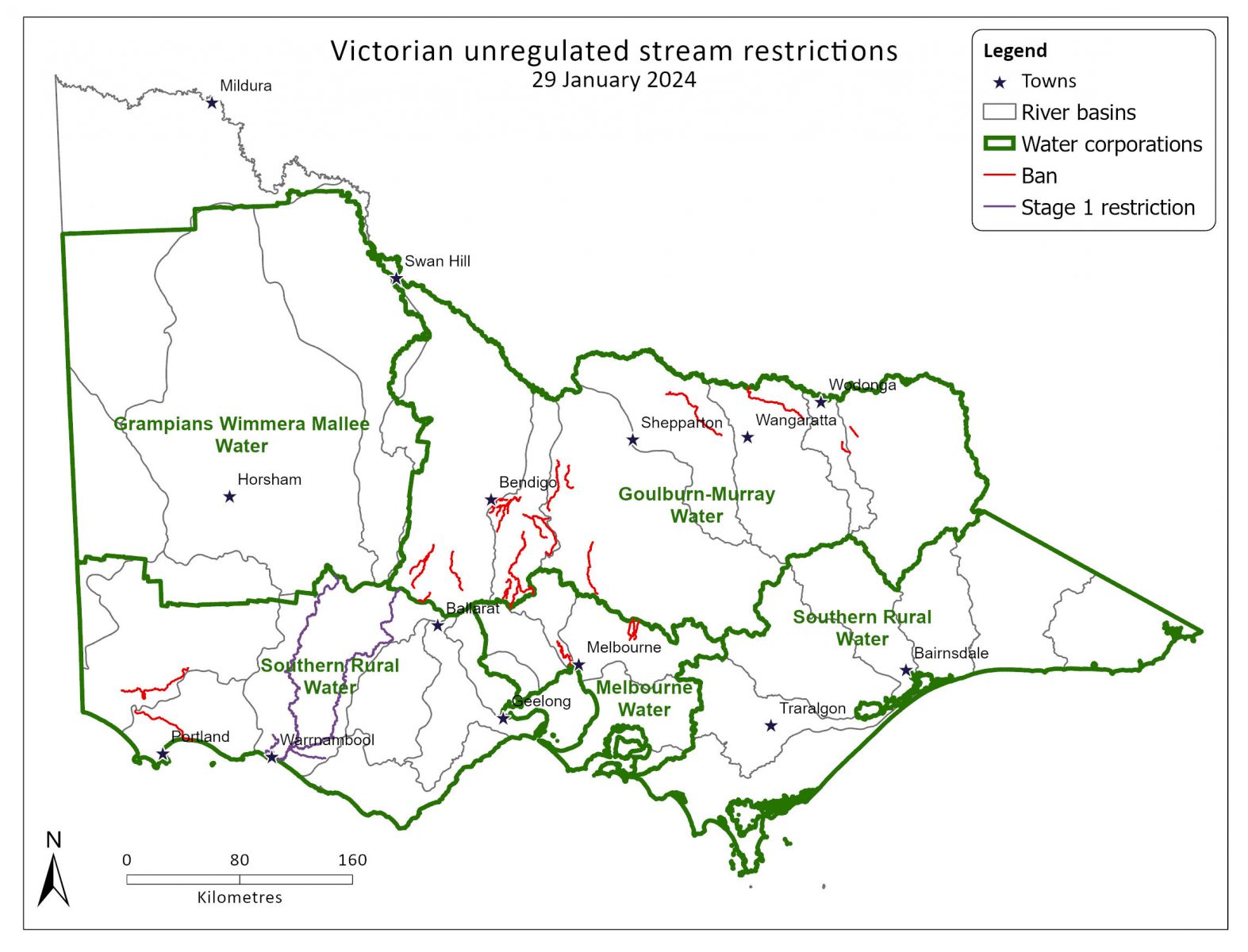 Map of Victorian unregulated stream restrictions as at 29 January 2024