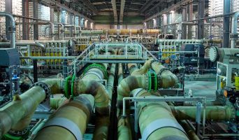 Pipes and tubes inside the treatment room of the Victorian Desalination Plant.