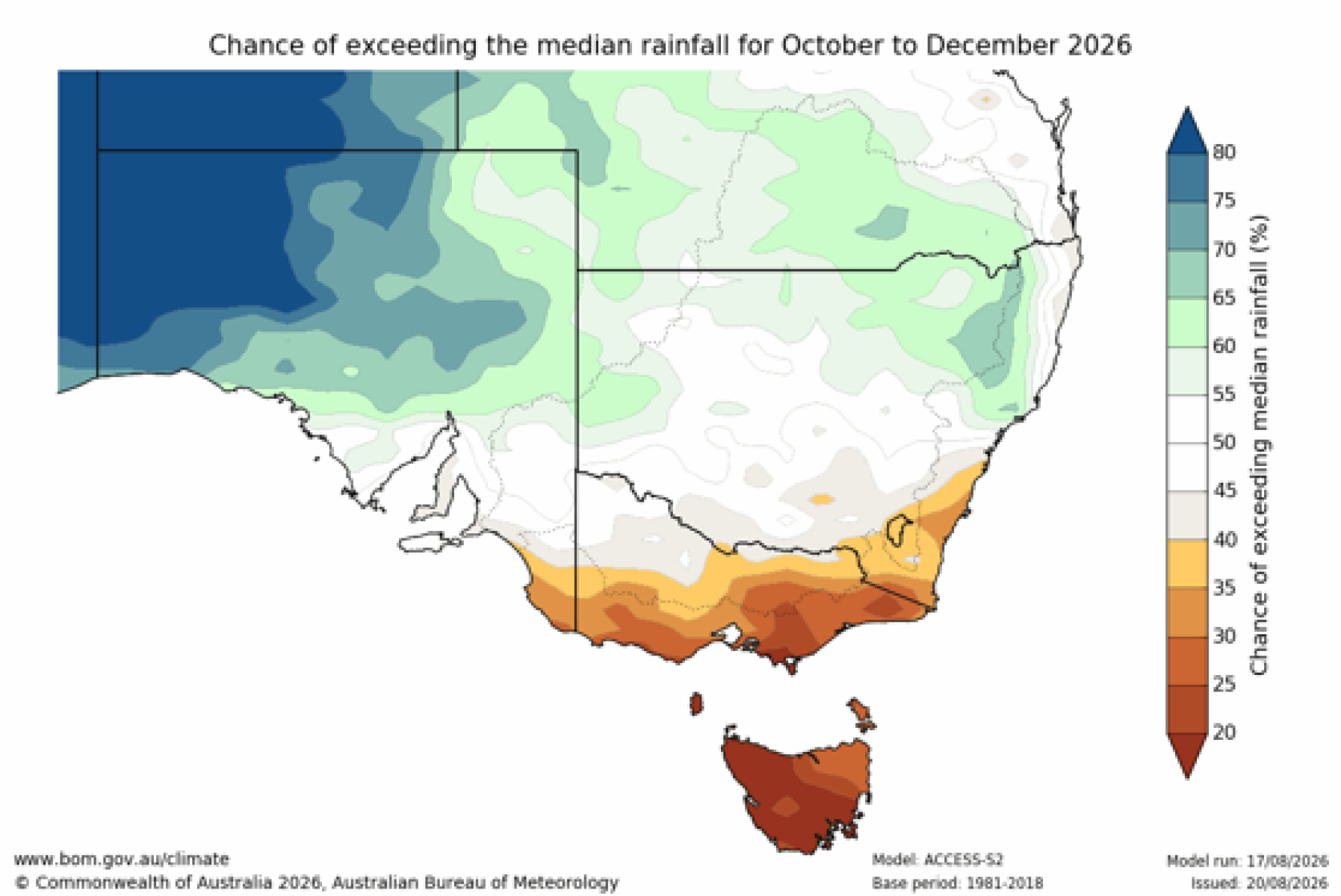 Chance of exceeding median rainfall map for October to December 2026