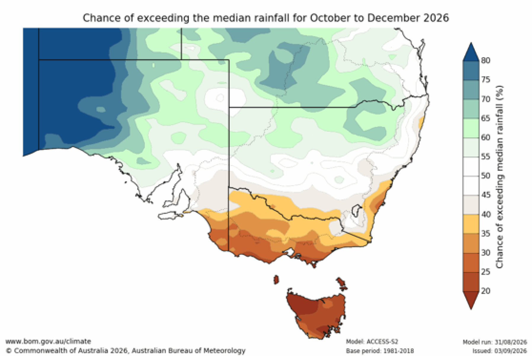 Chance of exceeding median rainfall map for October to December 2026