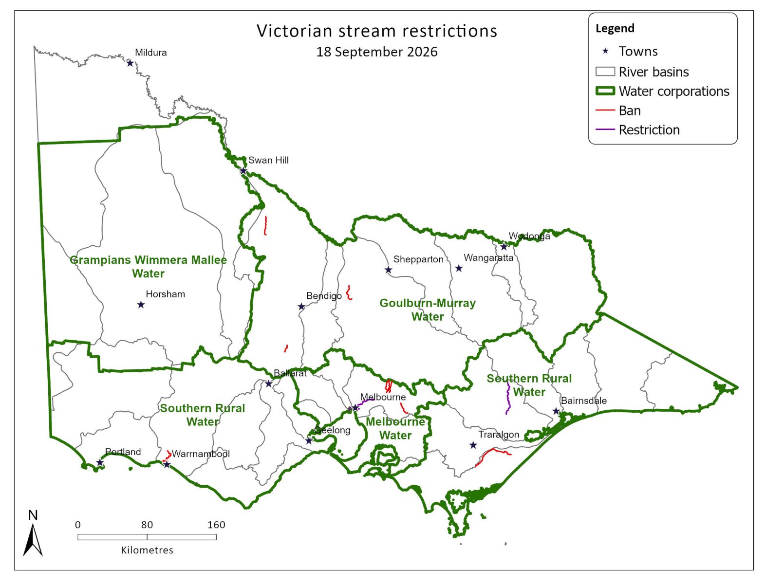 Map of Victorian stream restrictions as at 18 September 2026