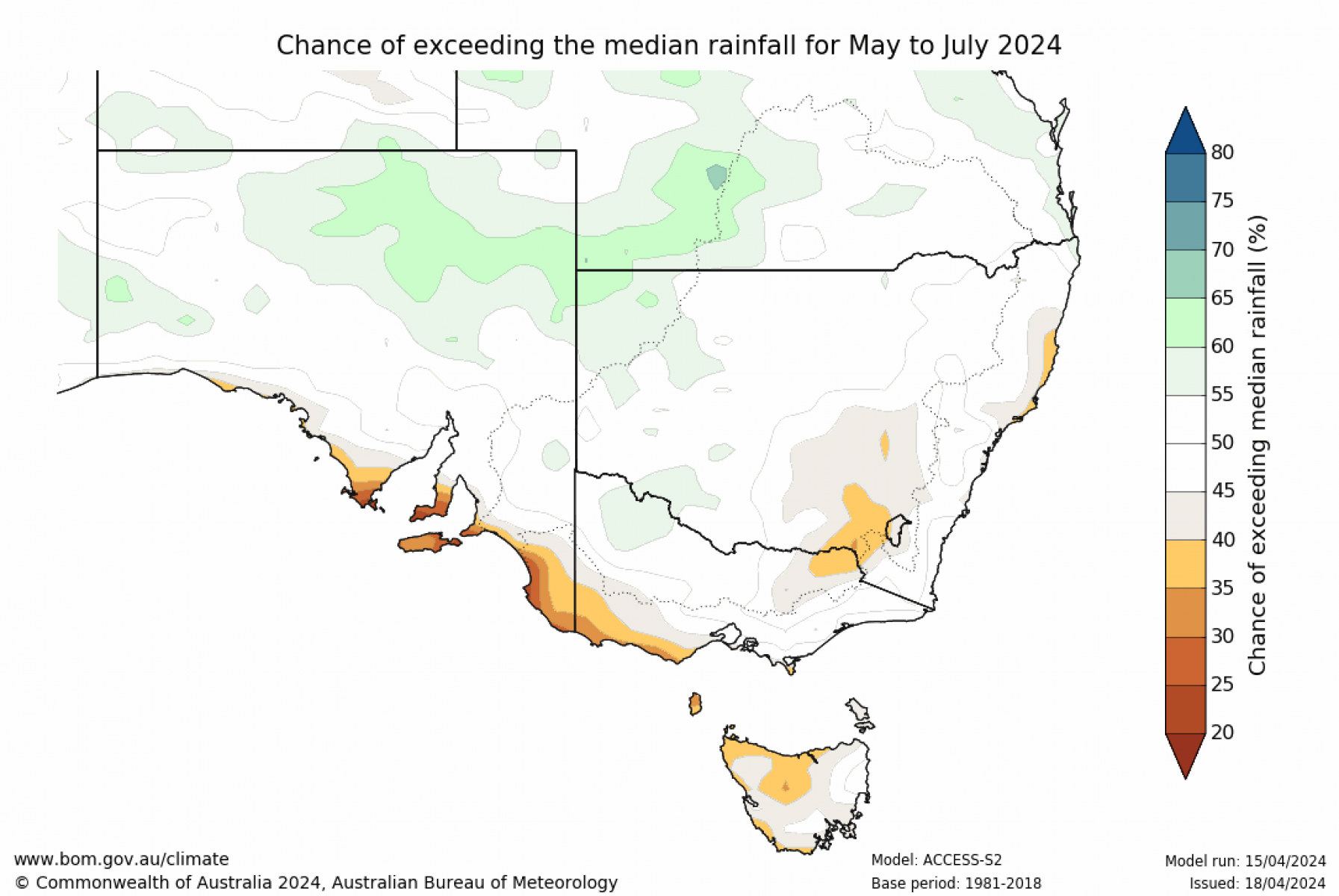 Chance of exceeding median rainfall for May to July 2024