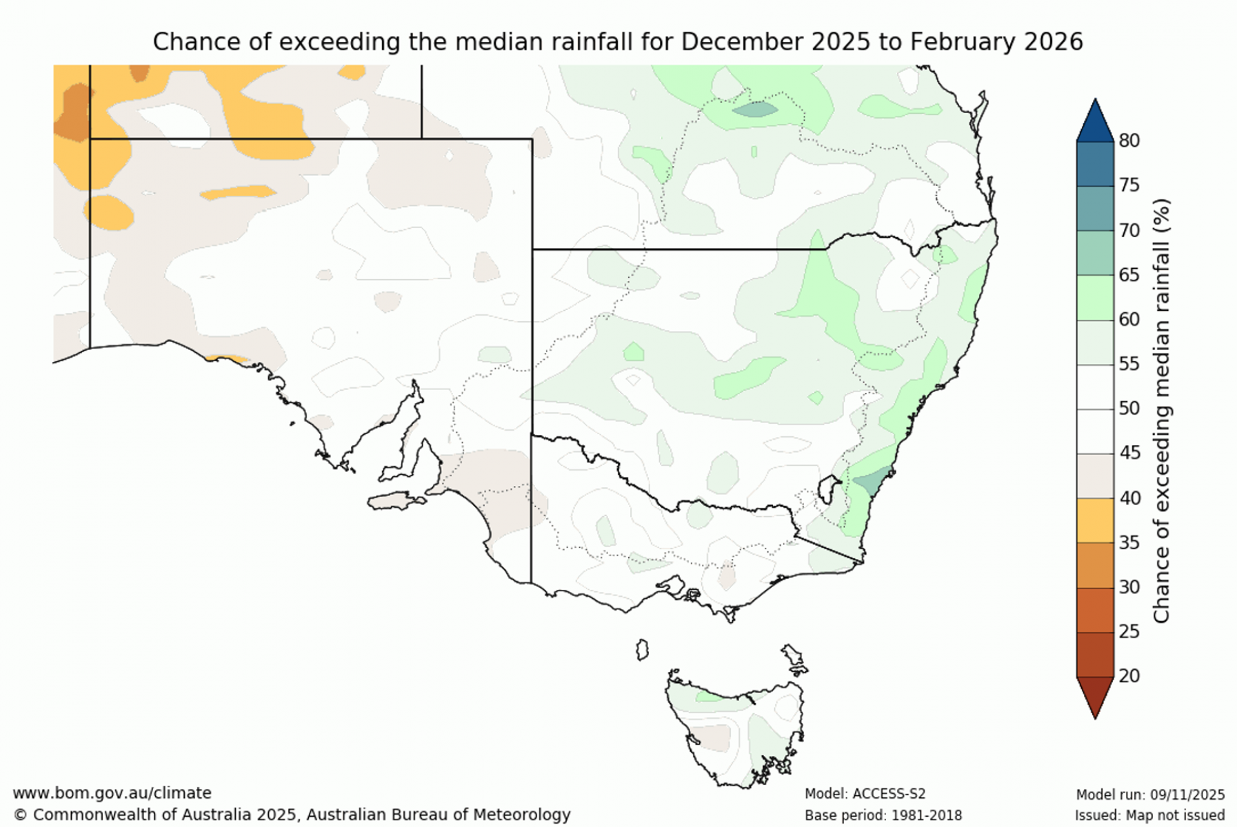 Chance of exceeding median rainfall for December to February 2026