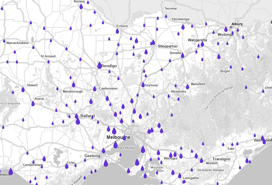 Interactive map of Victoria showing recycled water treatment plants and schemes across metropolitan and regional areas, helping users identify potential recycled water opportunities.  