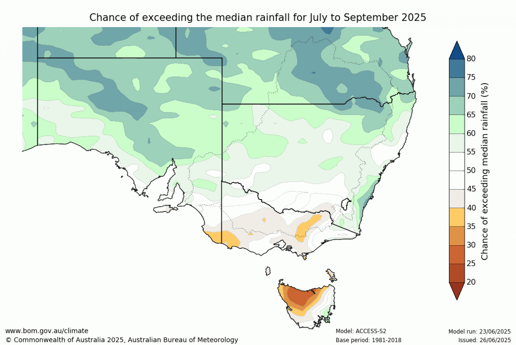 Chance of exceeding median rainfall for July to September 2025