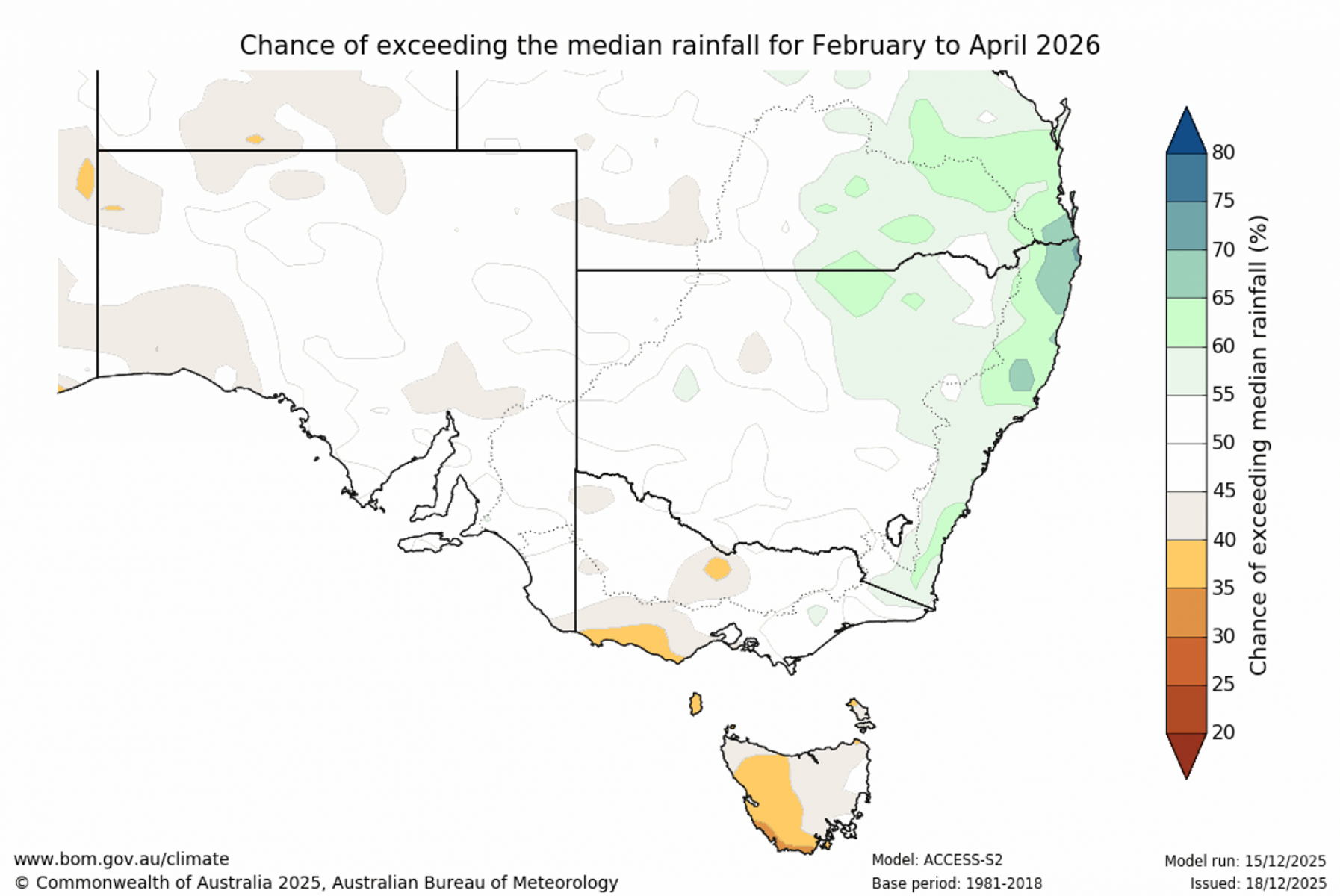 Chance of exceeding median rainfall for February to April 2026