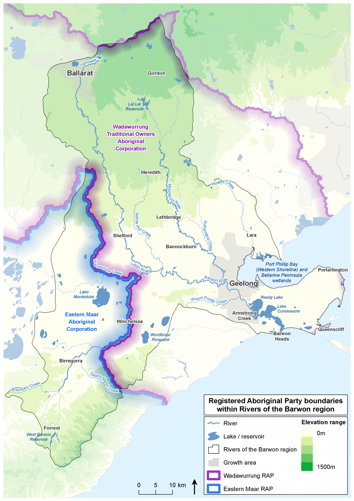 Registered Aboriginal Party boundaries within Rivers of the Barwon region. Wadawurrung RAP, Easter Maar RAP