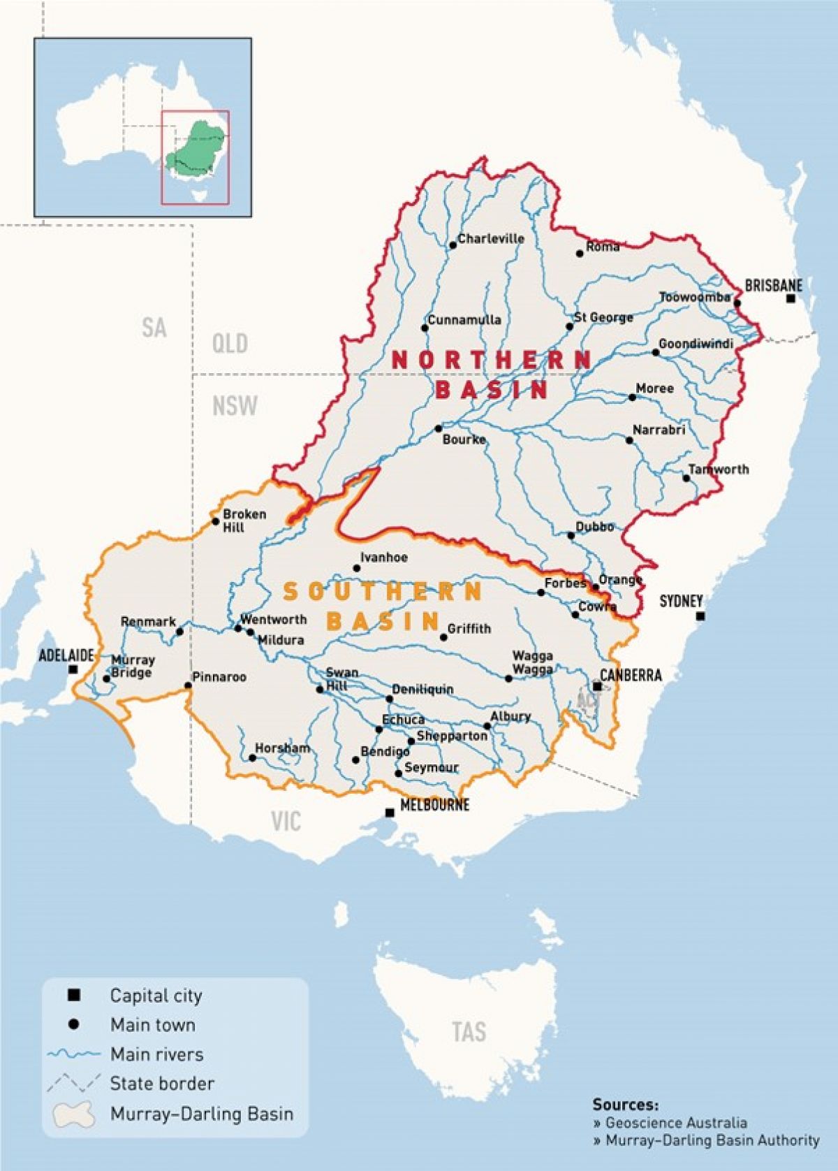 Map of the Murray Darling Basin, includes northern basin and souther basin. The basin is in Queensland, NSW, Victorian and South Australia