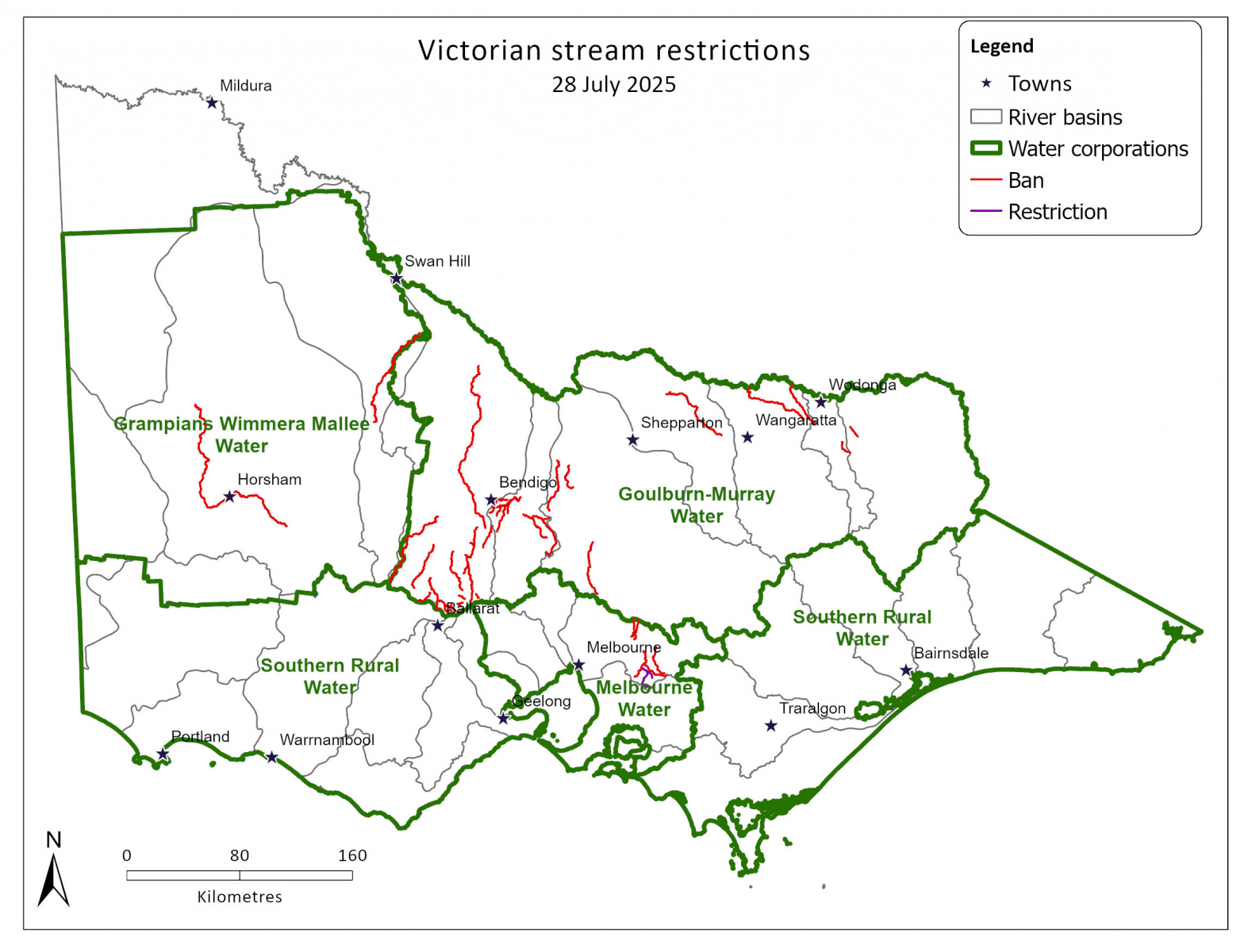 Map of Victorian stream restrictions as at 28 July 2025