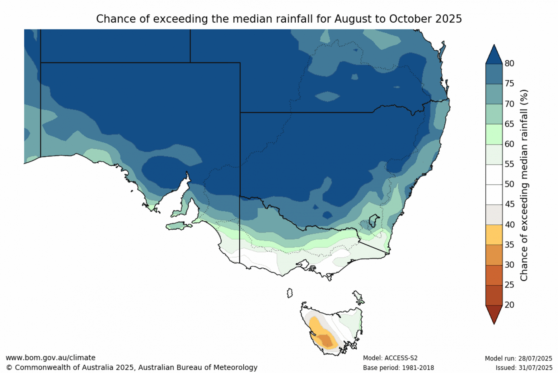 Chance of exceeding median rainfall for August to October 2025