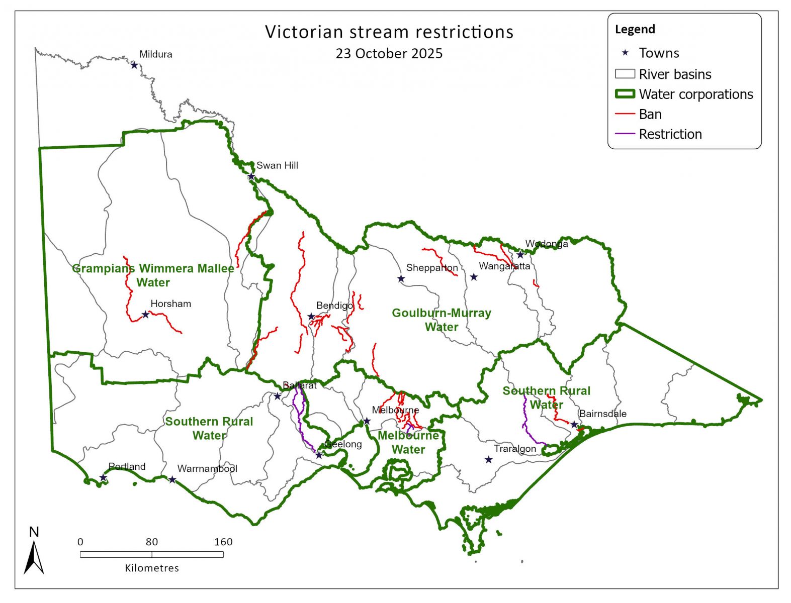 Map of Victorian stream restrictions as at 23 October 2025