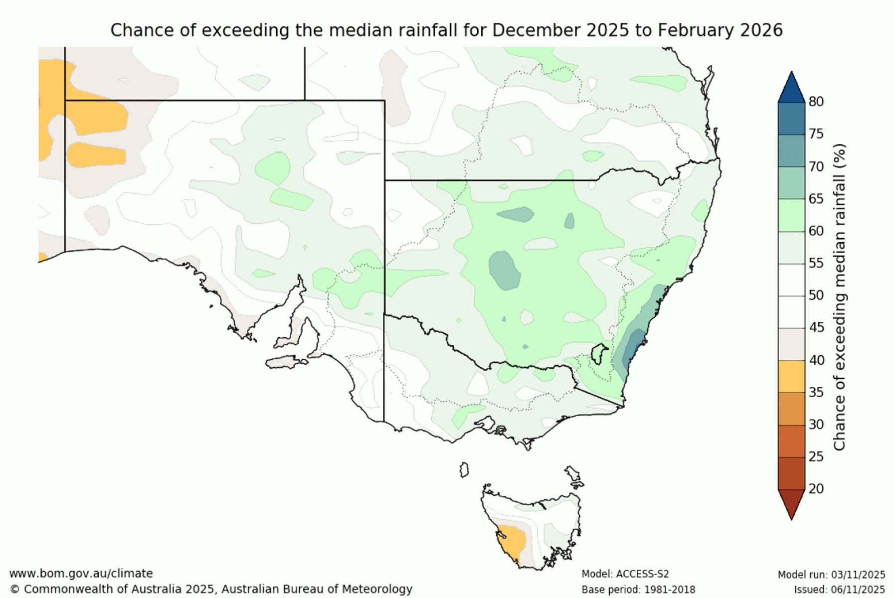 Chance of exceeding median rainfall for December 2025 to February 2026