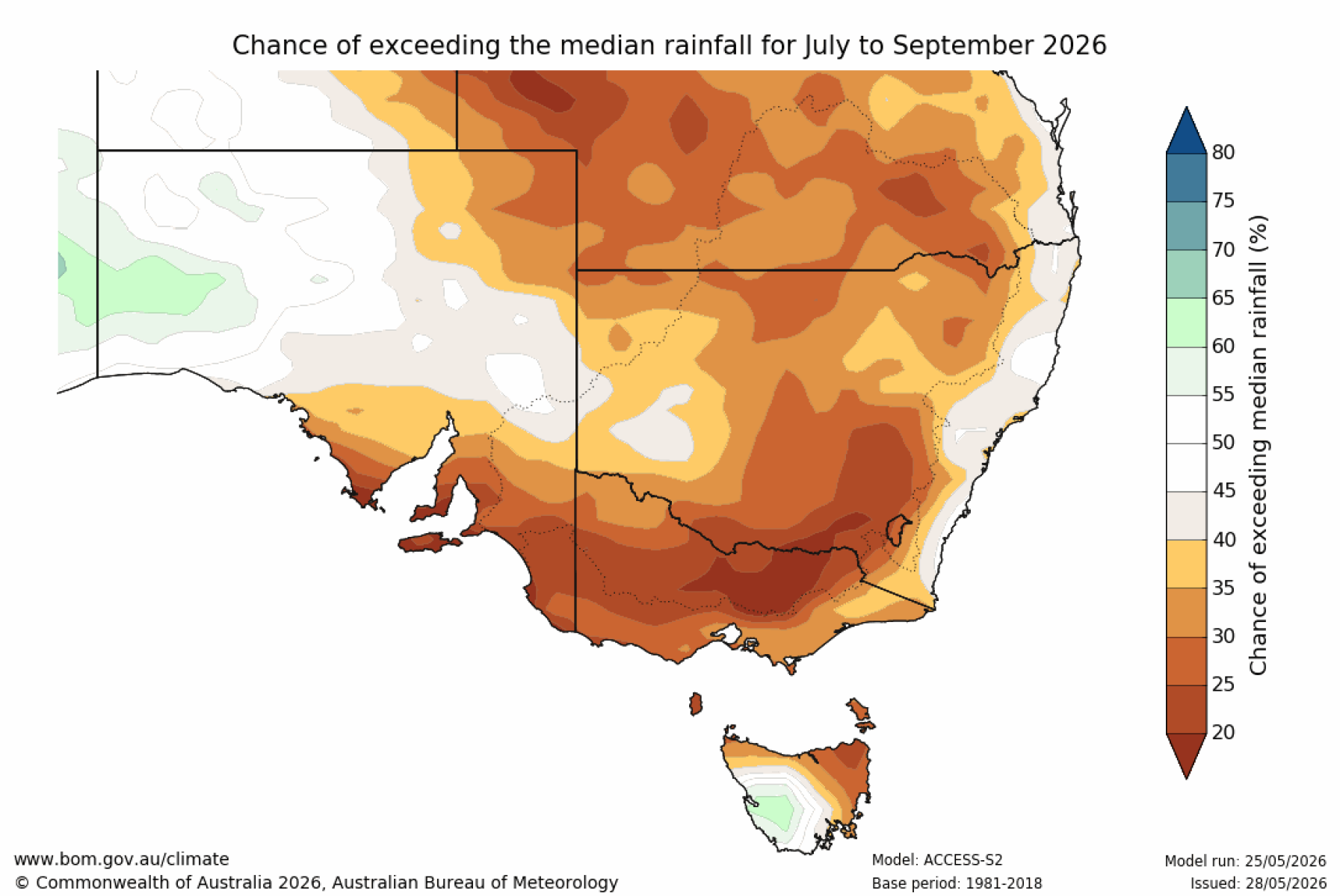 Chance of exceeding median rainfall map for July to September 2026