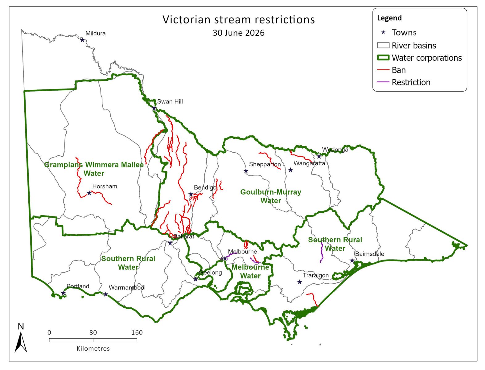 Map of Victorian stream restrictions as at 30 June 2026