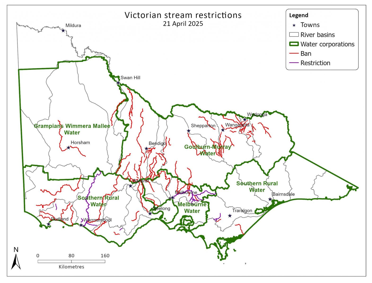 Map of Victorian stream restrictions as at 21 April 2025