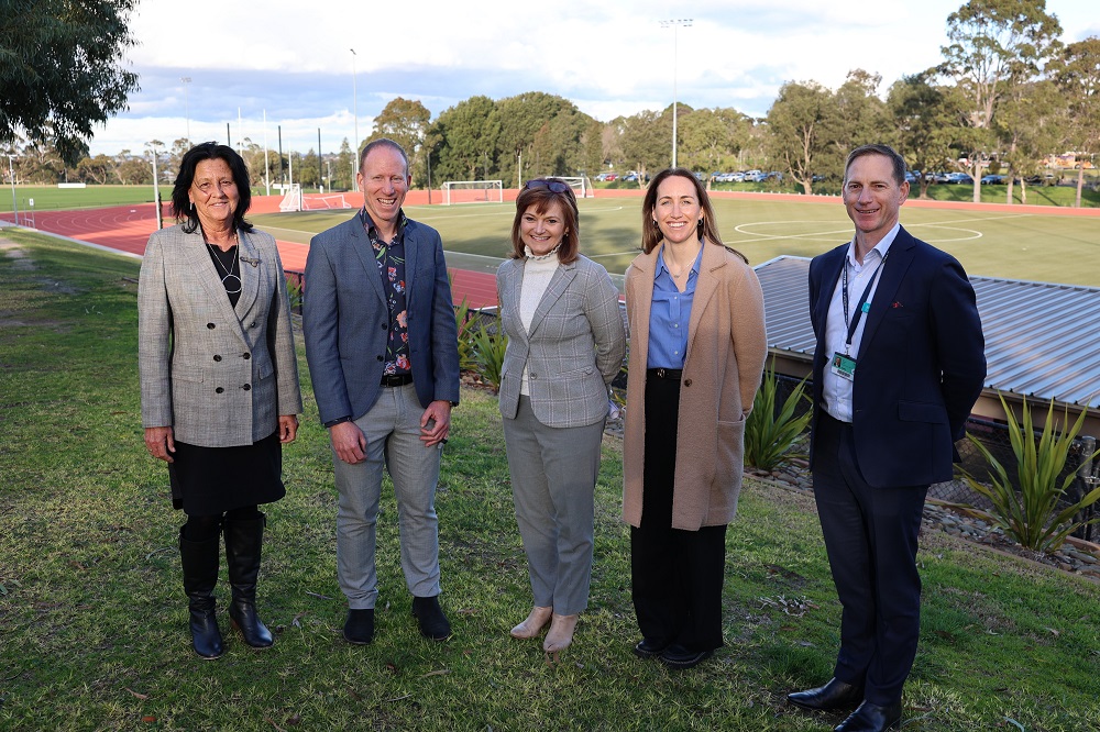 Member for Geelong Christine Couzen with Barwon Water and Deakin University staff at the Waurn Ponds campus' sport precinct  