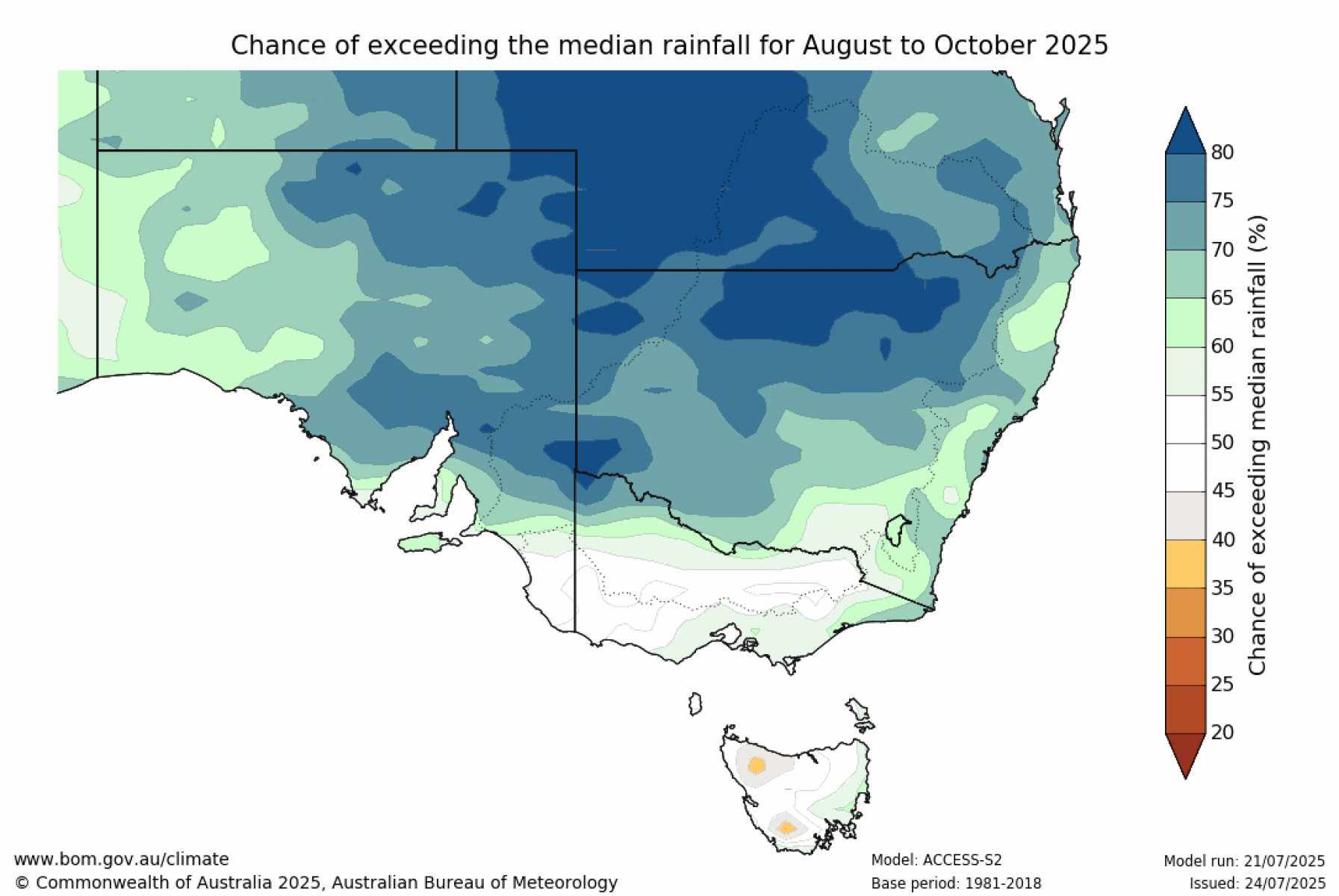 Chance of exceeding median rainfall for August to October 2025