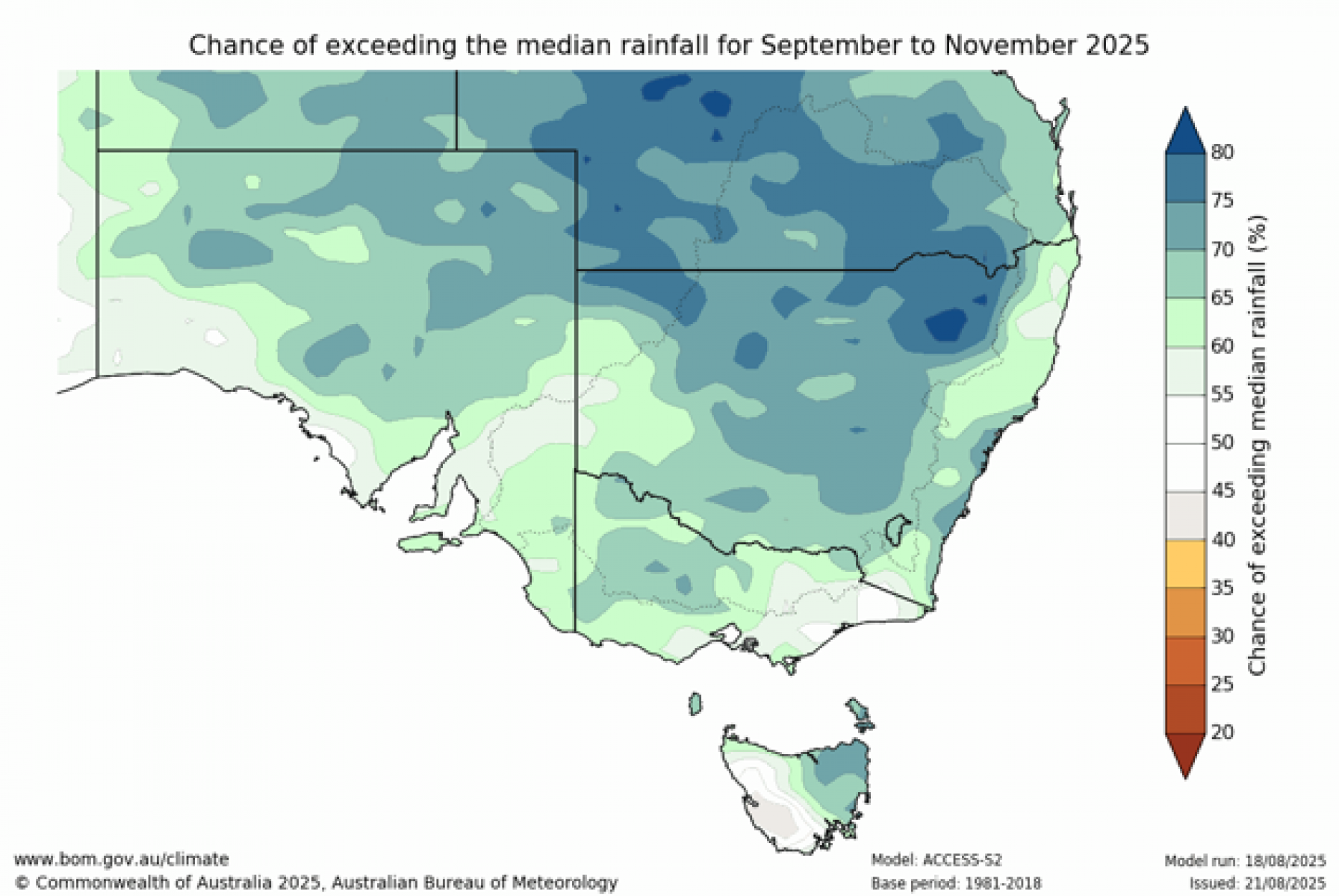 Chance of exceeding median rainfall for September to November 2025
