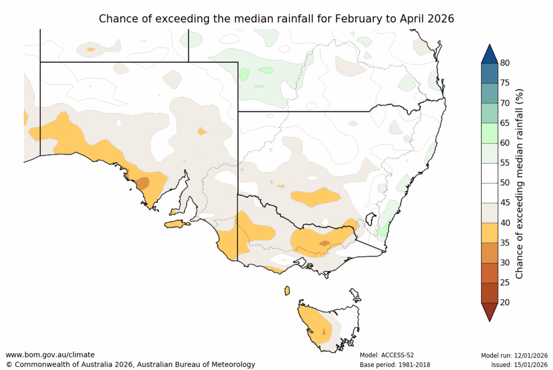 Chance of exceeding median rainfall for February to April 2026