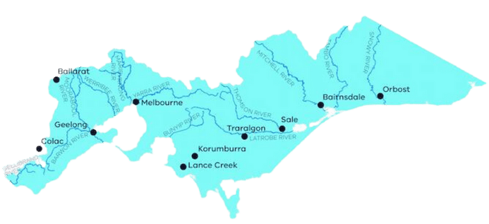 Image of a map the central and Gippsland region of Vi 