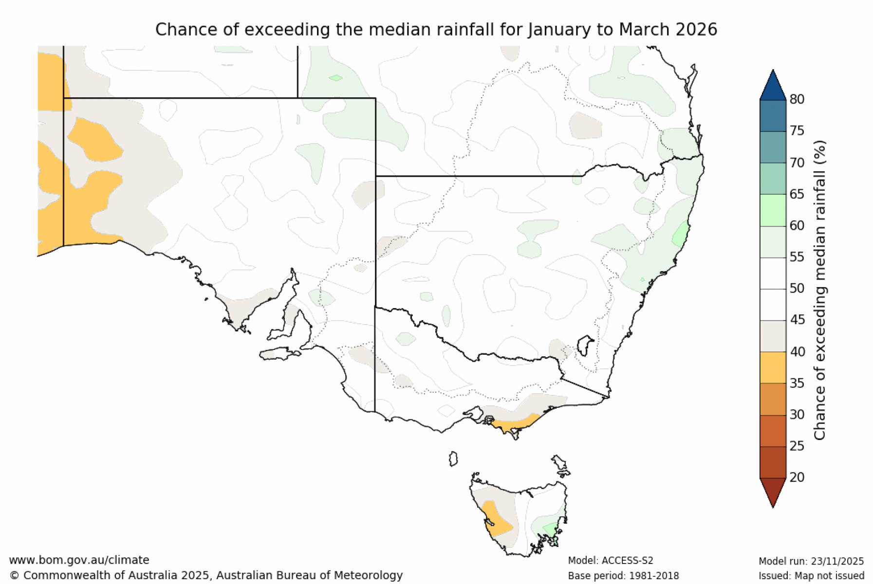 Chance of exceeding median rainfall for January to March 2026