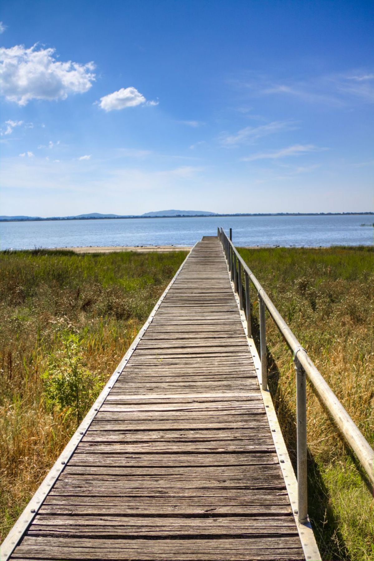 a wooden boardwalk stretching from the foreground to the distance, into a blue lake, with a biright blue sky overhead and plants fringing the lake