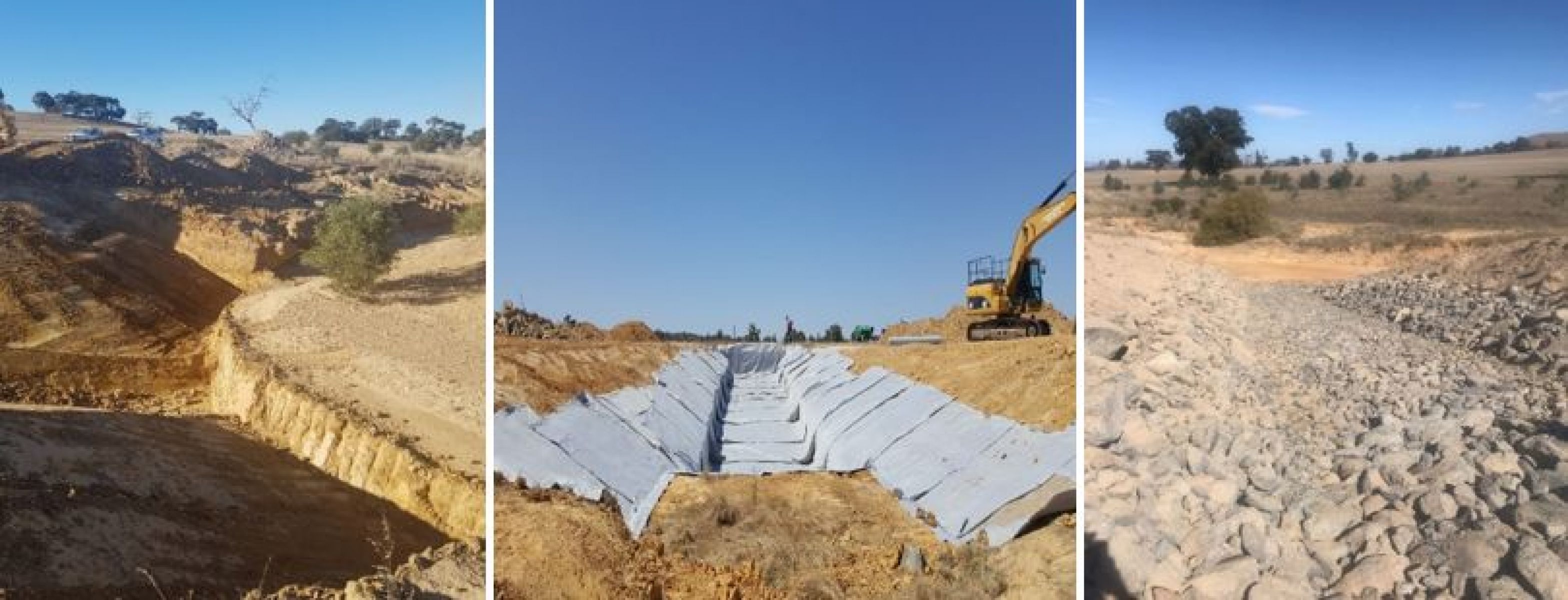 The images show an earth-moving machine digging new trenches for erosion control structures. This will help restore native flora and fauna and make the riverbanks more stable, protecting them from erosion. 