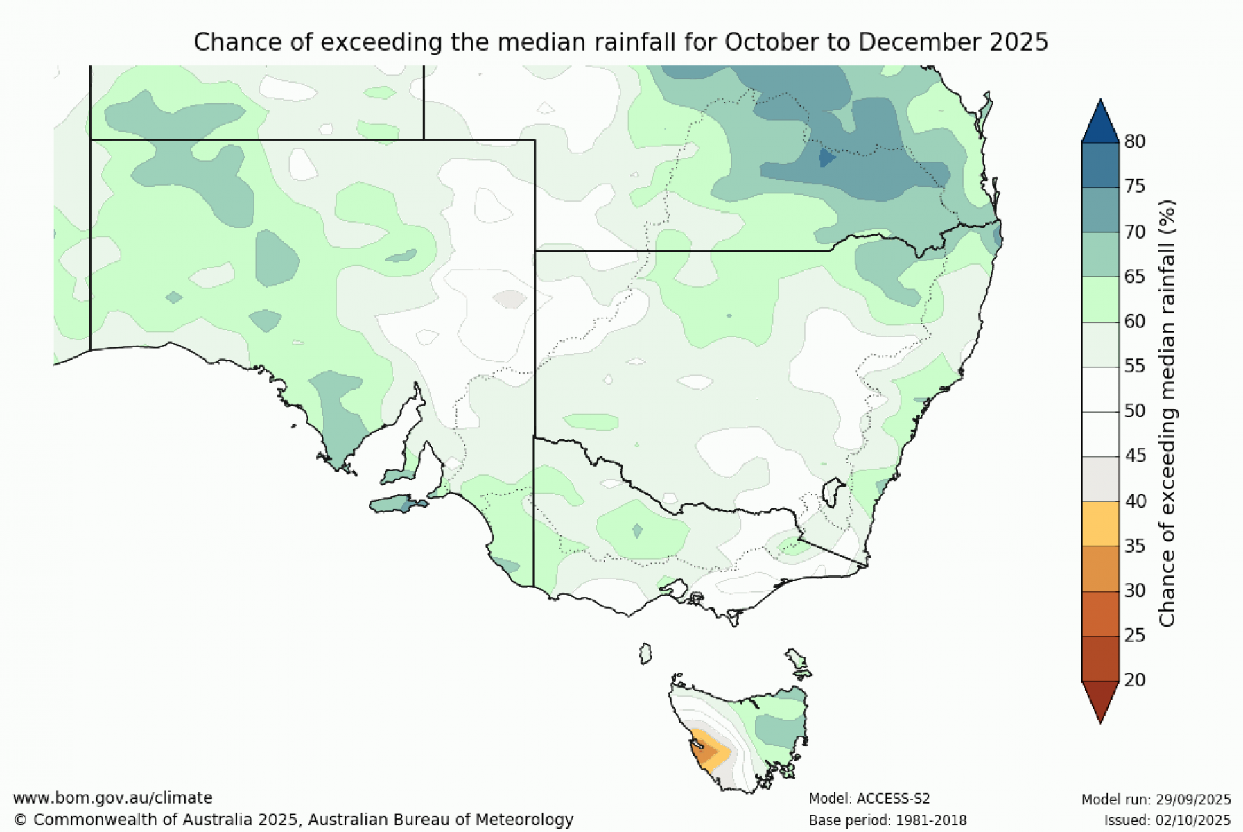Chance of exceeding median rainfall for October to December 2025