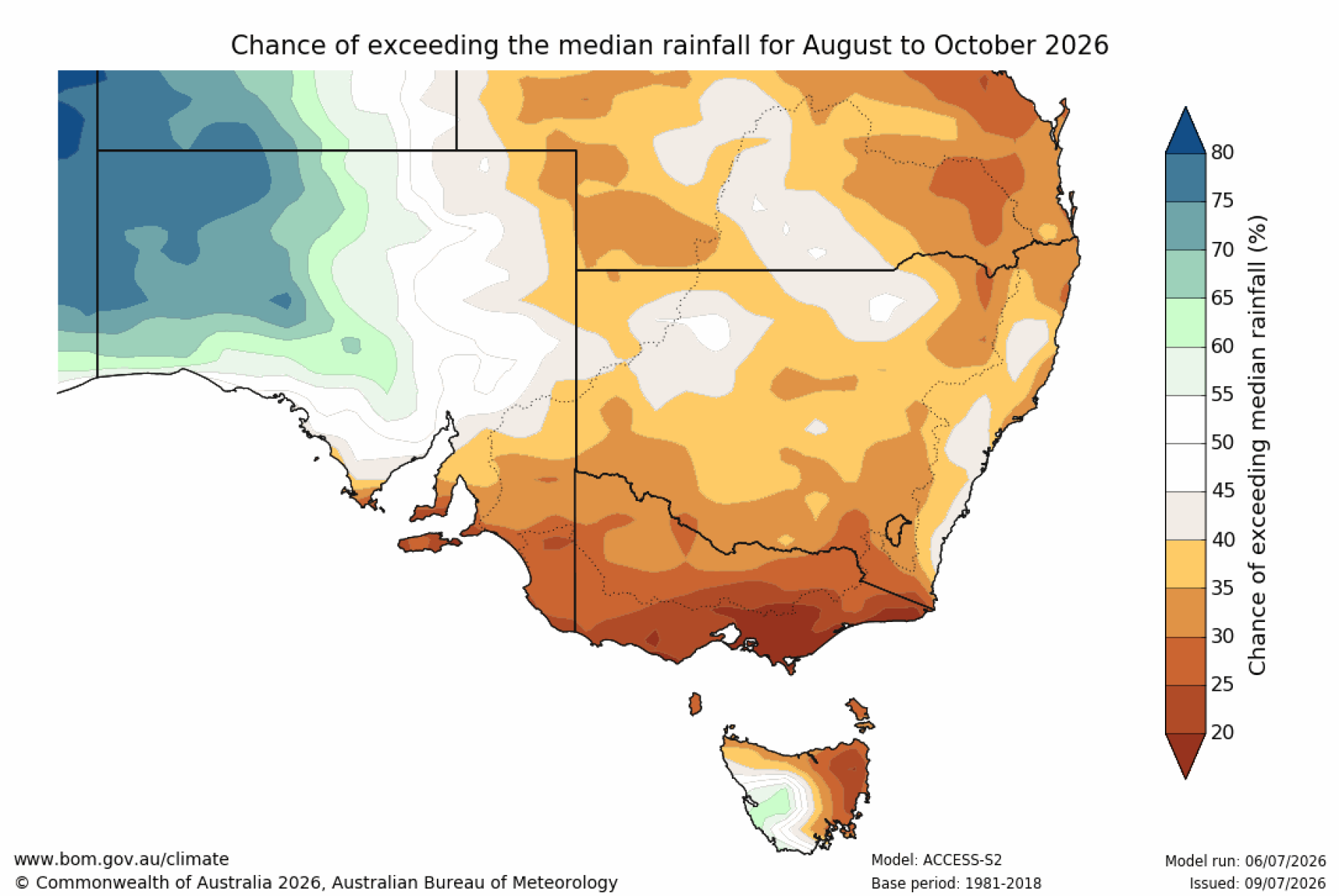 Chance of exceeding median rainfall map for August to October 2026