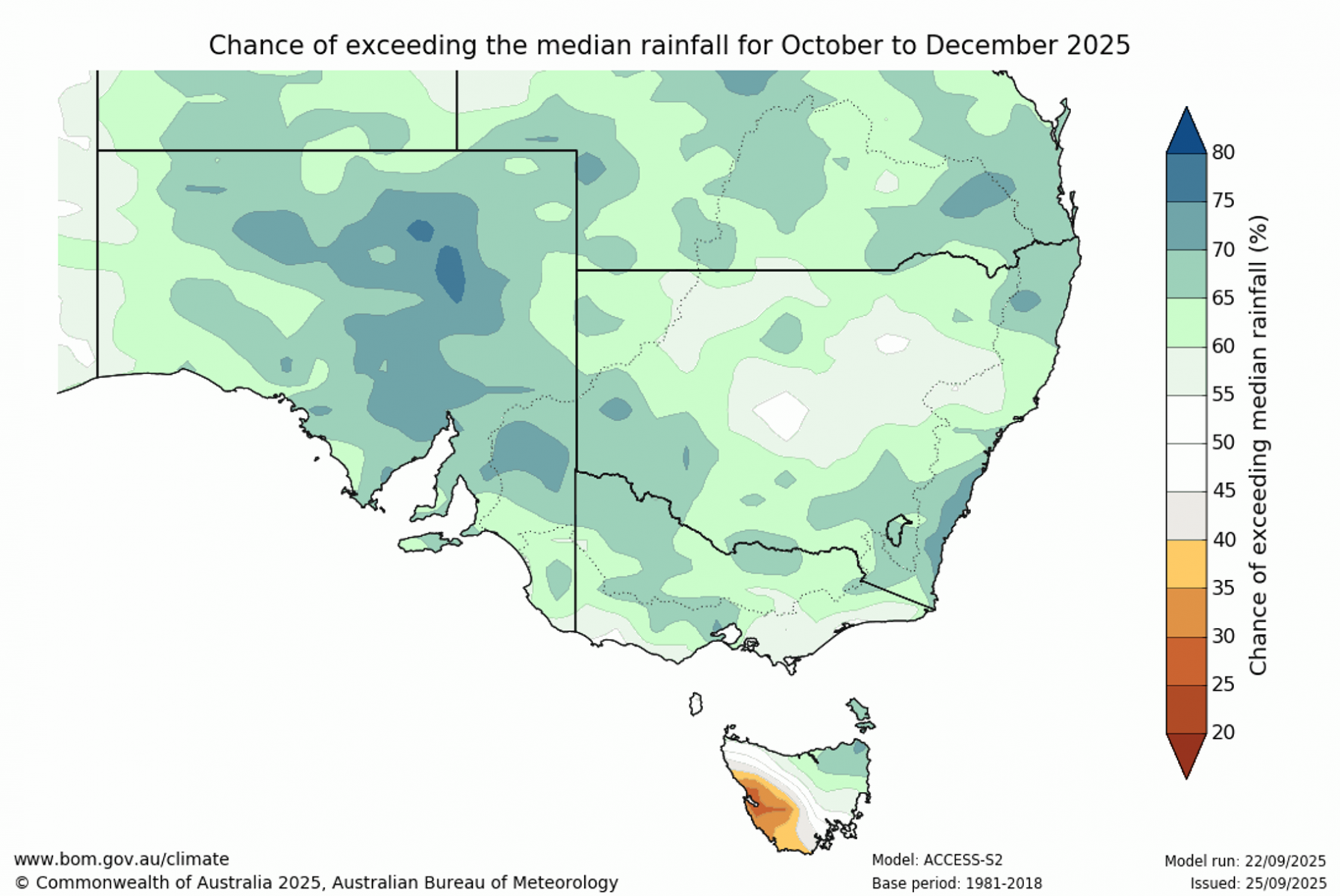 Chance of exceeding median rainfall for October to December 2025