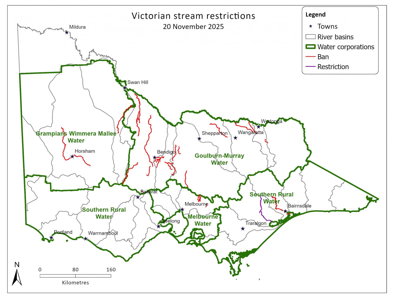 Map of Victorian unregulated stream restrictions as at 20 November 2025