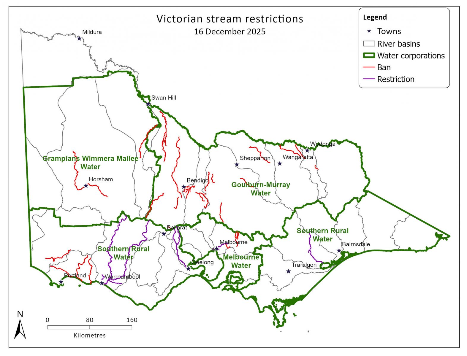 Map of Victorian stream restrictions as at 16 December 2025
