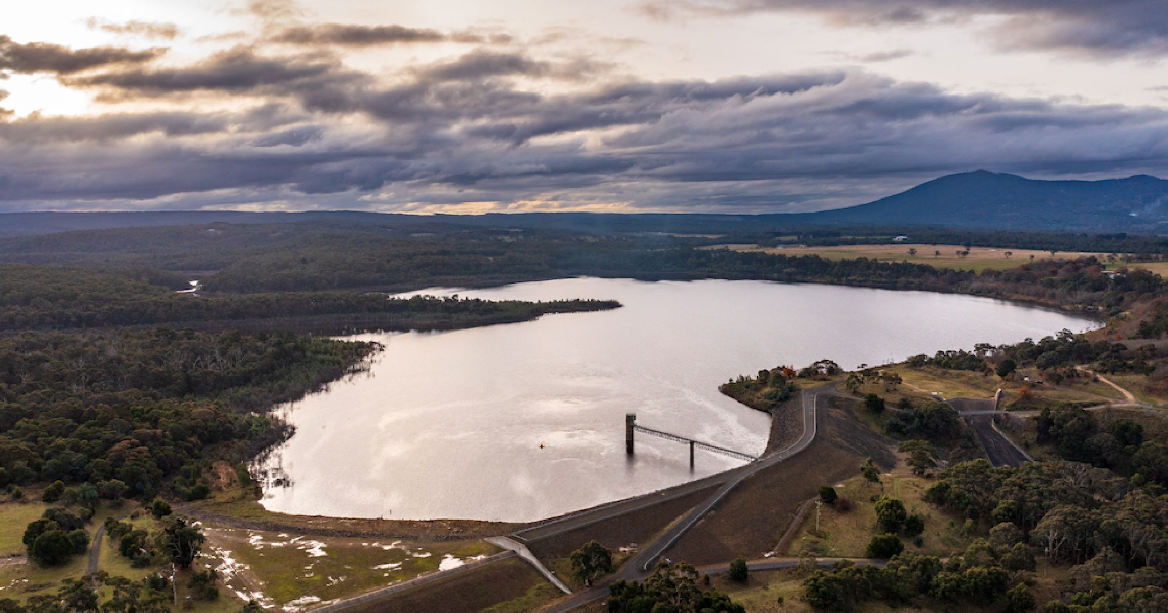 An intake tower at the south-tip of Rosslynne Reservoir at Gisborne in southern Victoria