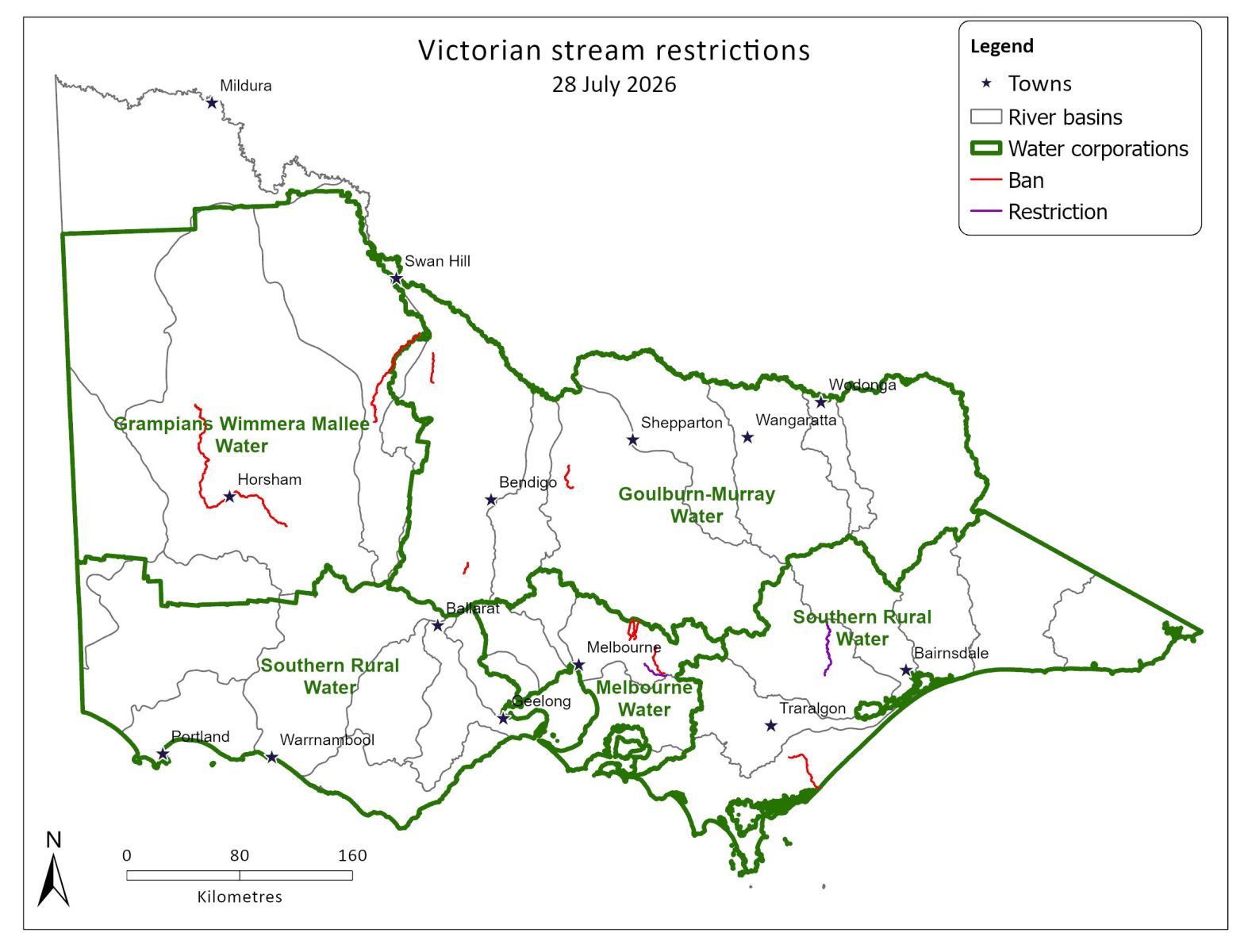 Map of Victorian stream restrictions as at 28 July 2026
