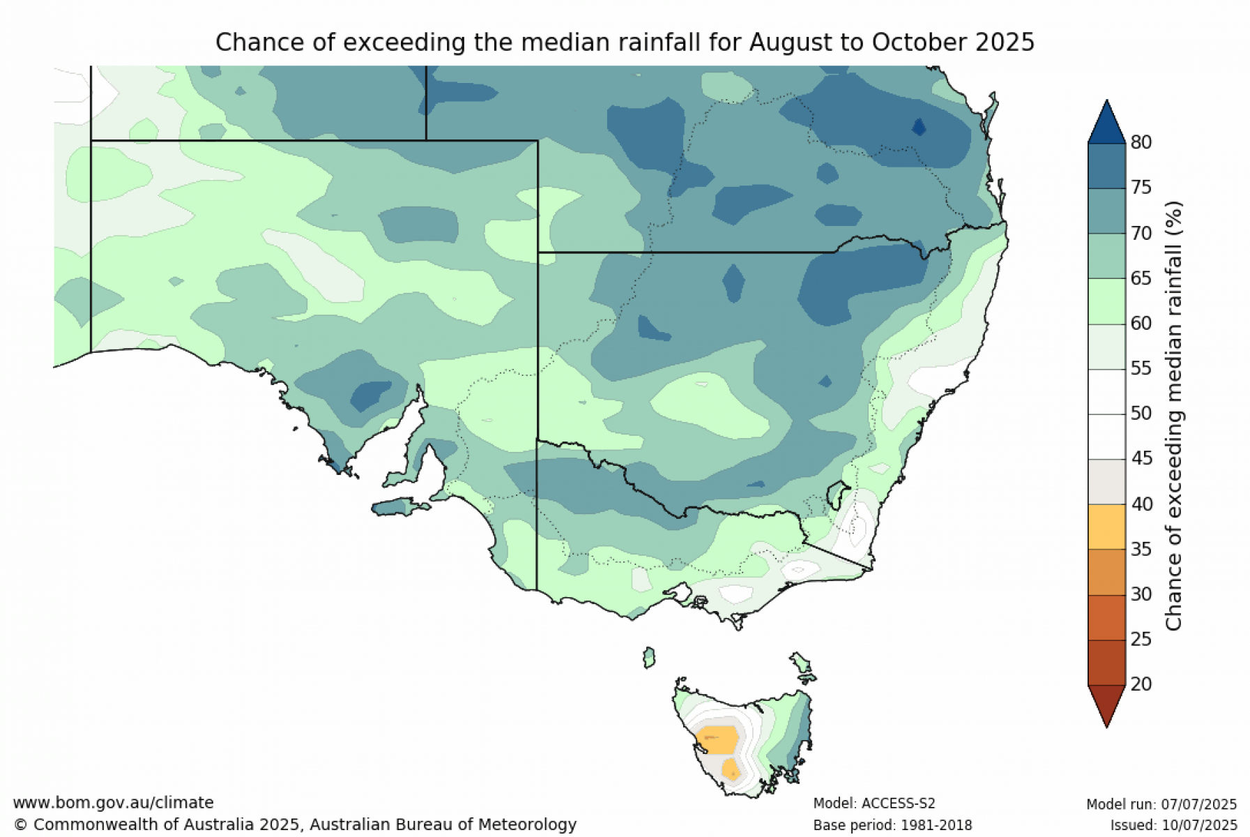 Chance of exceeding median rainfall for August to October 2025