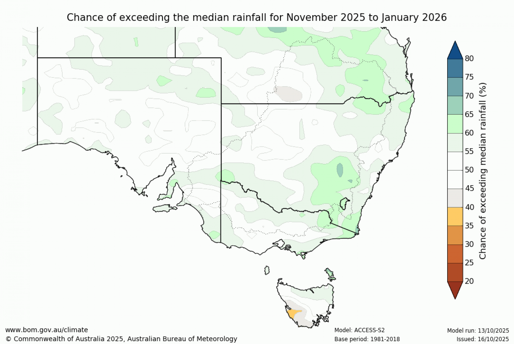 Chance of exceeding median rainfall for November 2025 to January 2026