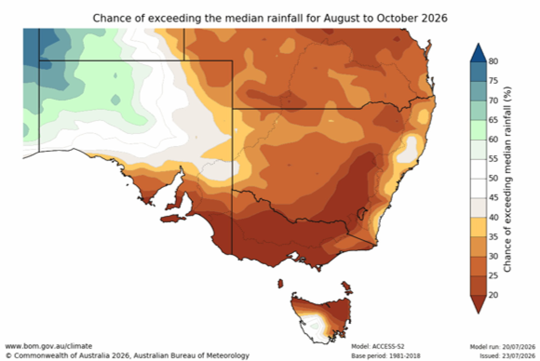Chance of exceeding median rainfall map for August to October 2026
