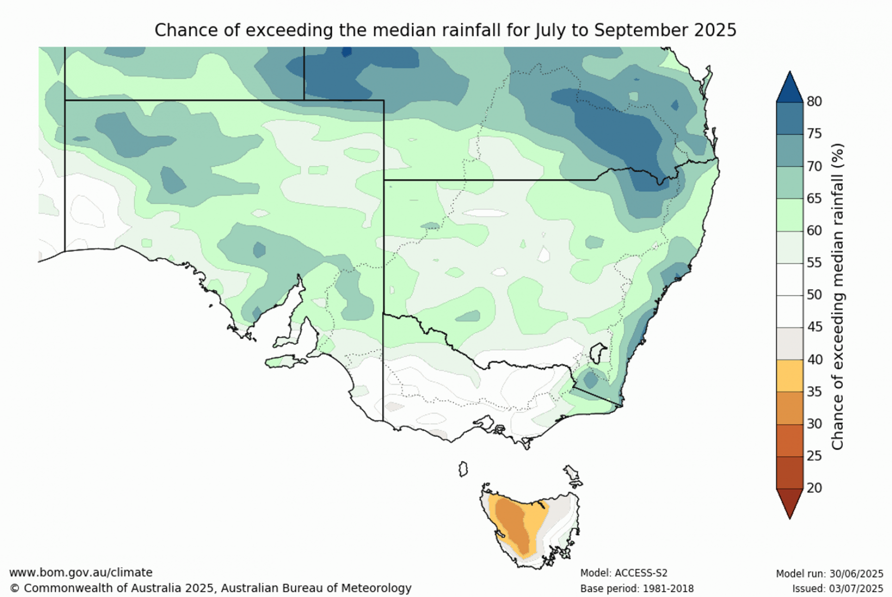 Chance of exceeding median rainfall for July to September 2025